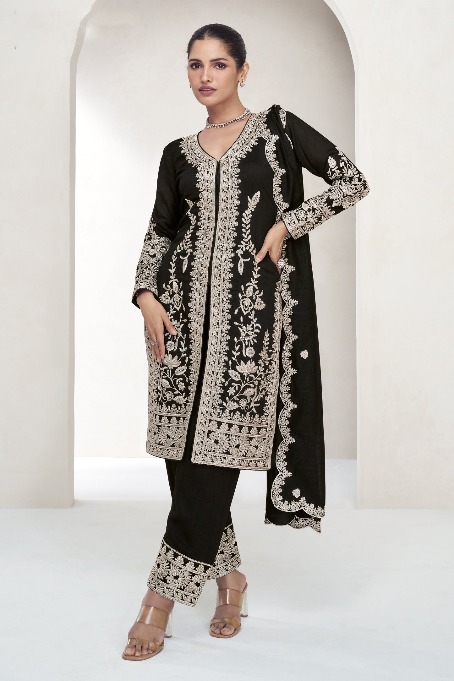 Black Silk Fabric Salwar Kameez With Embroidery Exclusive For USA