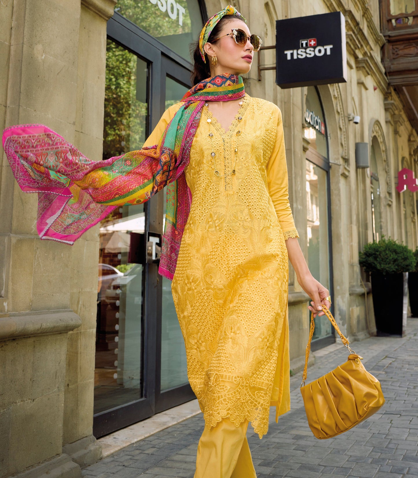 Yellow salwar kameez is bright and happy. Good for haldi or sunny events.
