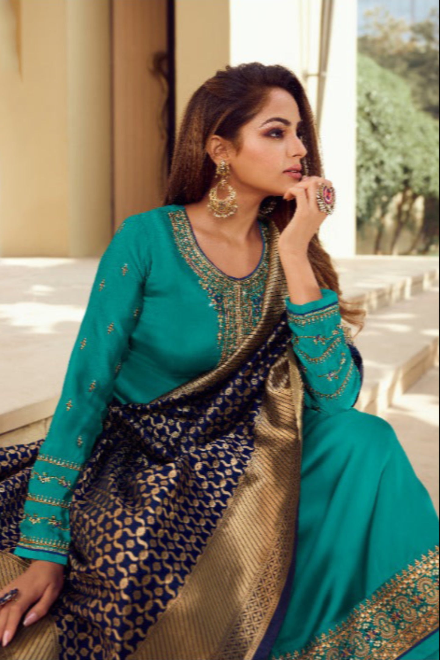 Green Satin Georgette Salwar Suit with Heavy Embroidered Dupatta