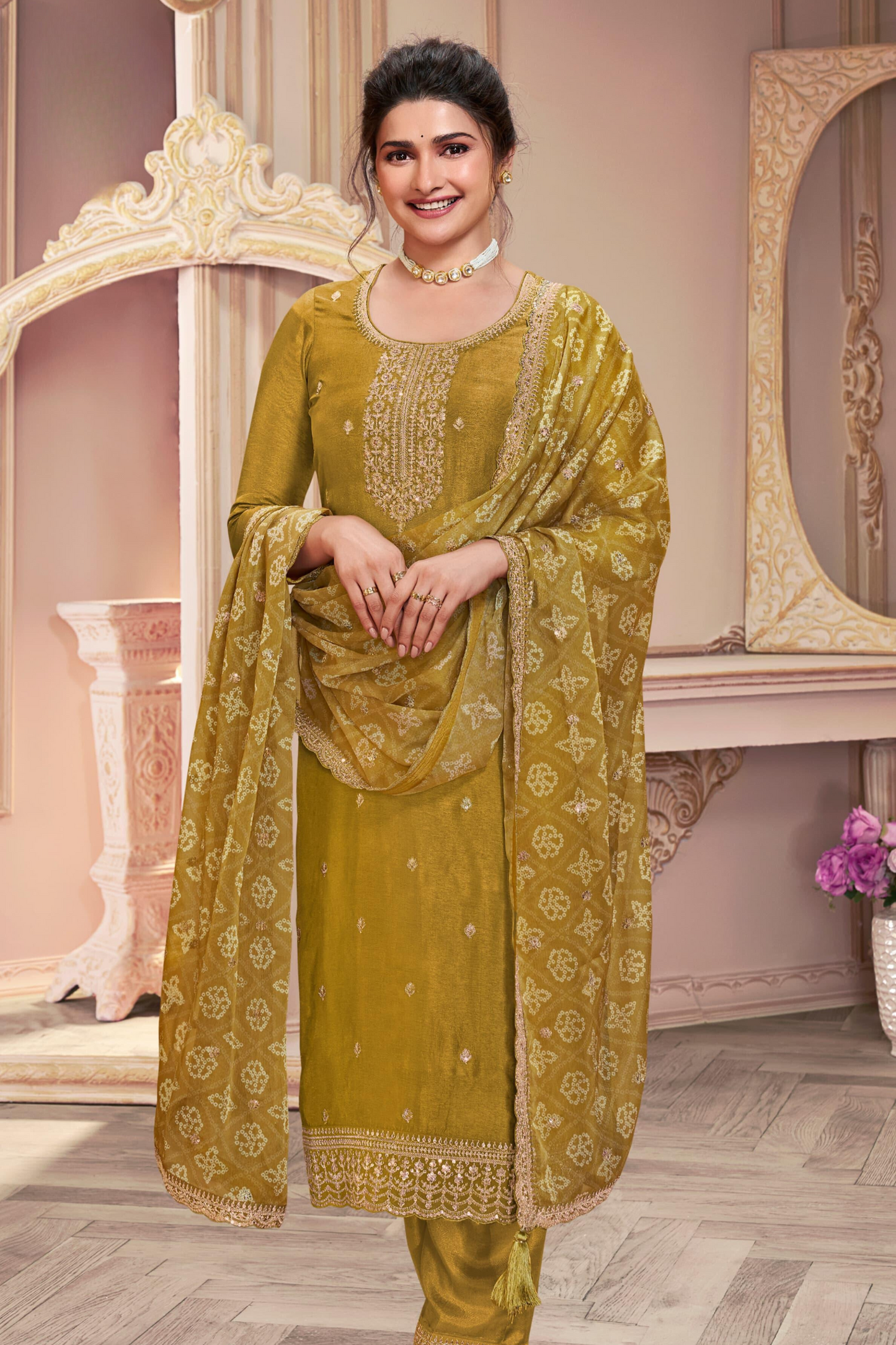 Yellow salwar kameez is bright and happy. Good for haldi or sunny events.