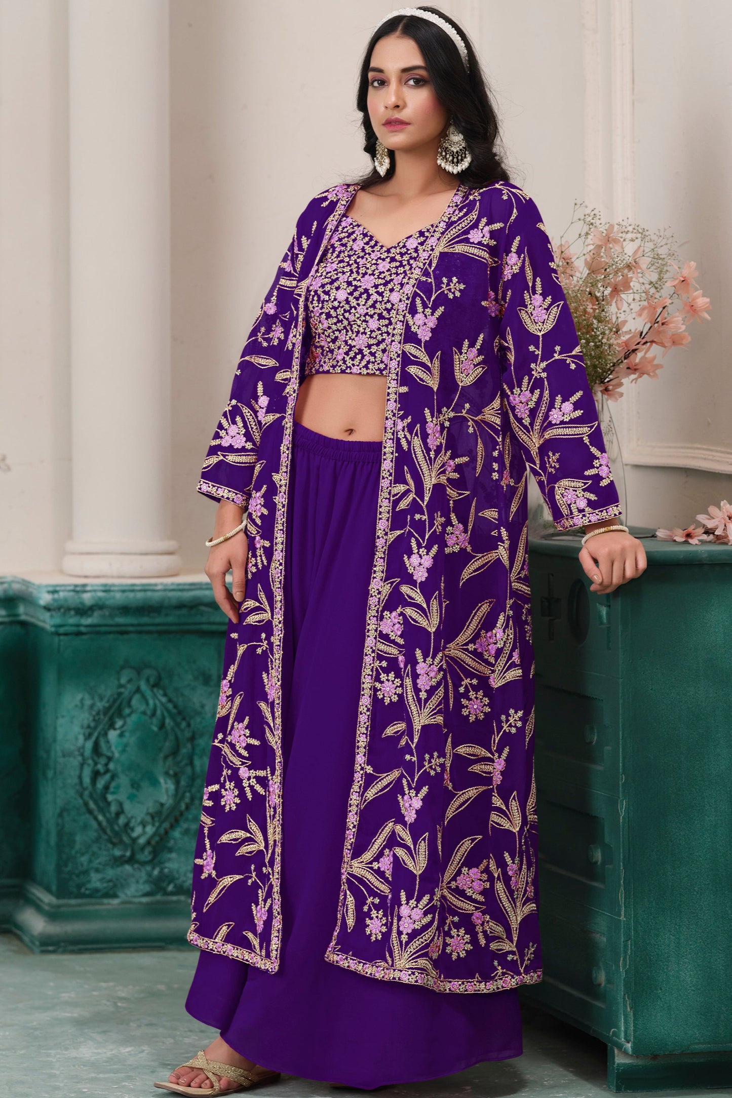 Purple Faux Georgette Sharara Suit with Shrug for Sangeet