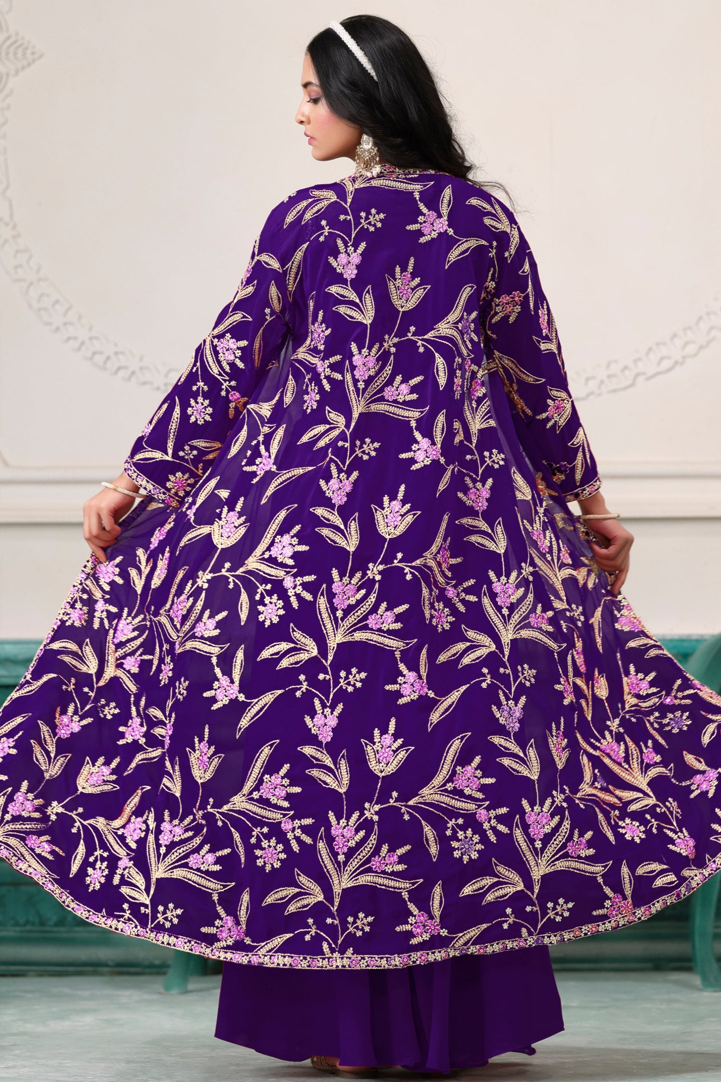 Purple Faux Georgette Sharara Suit with Shrug for Sangeet