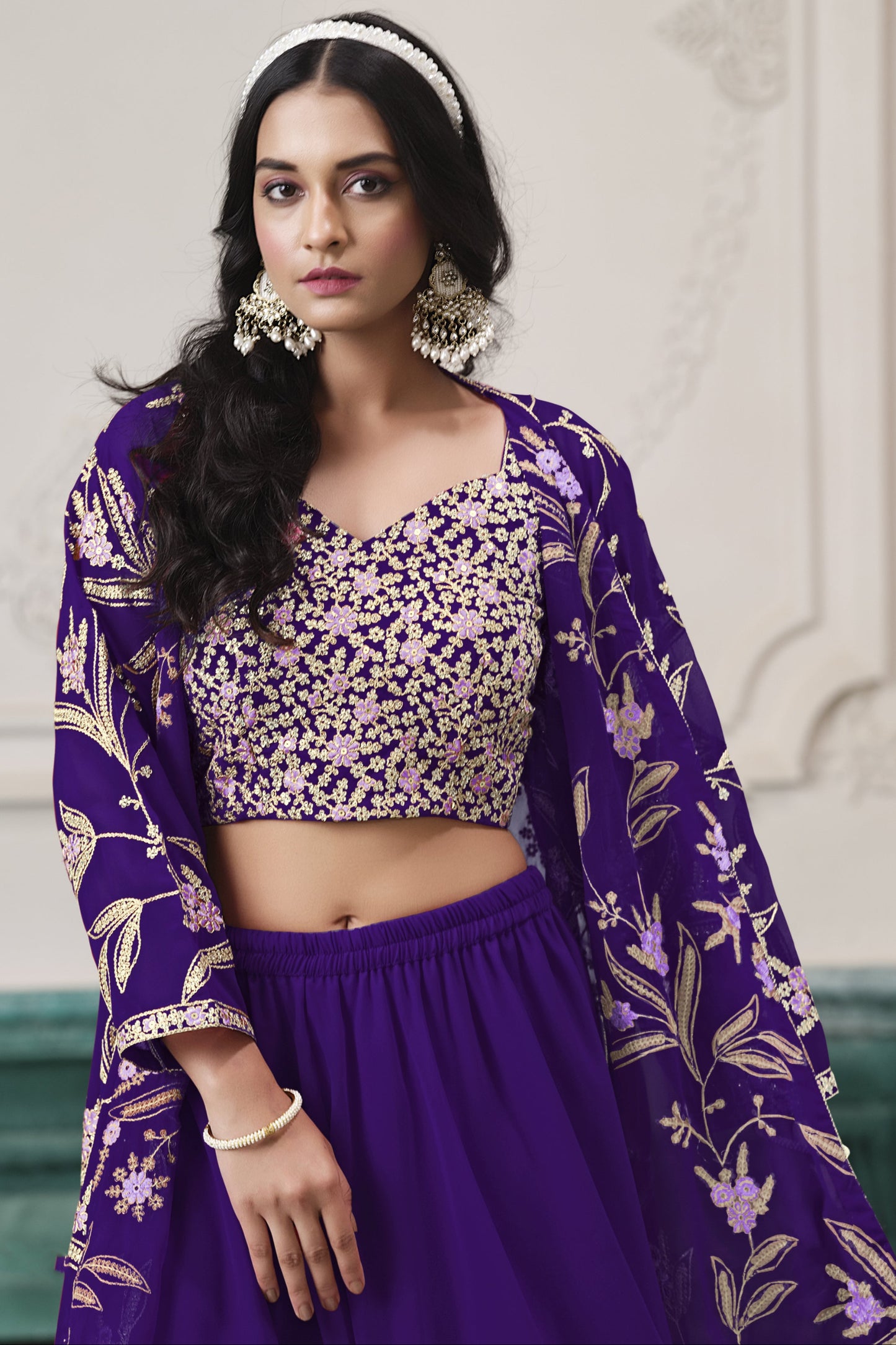 Purple Faux Georgette Sharara Suit with Shrug for Sangeet