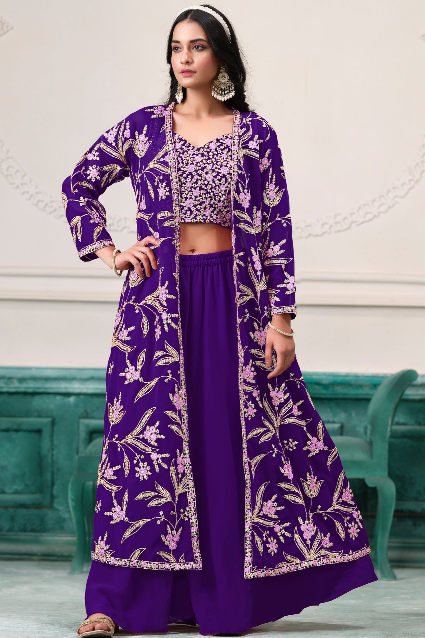 Purple Faux Georgette Sharara Suit with Shrug for Sangeet