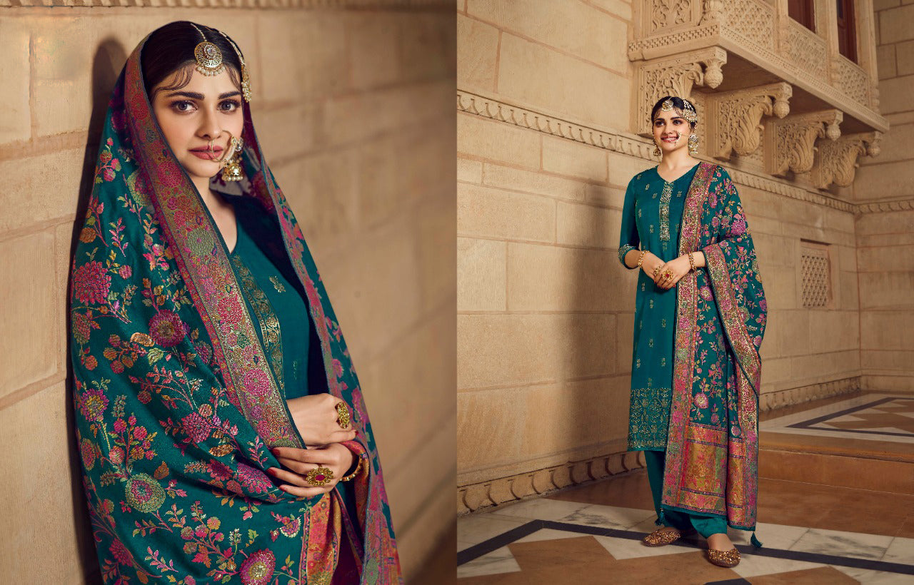 Teal salwar kameez is cool and refreshing. It blends blue and green for a unique look