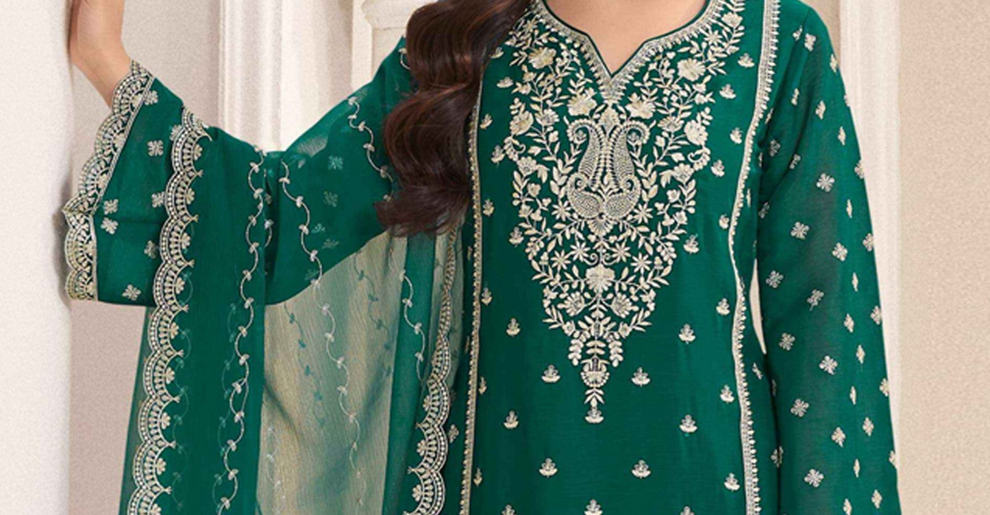 Teal salwar kameez is cool and refreshing. It blends blue and green for a unique look