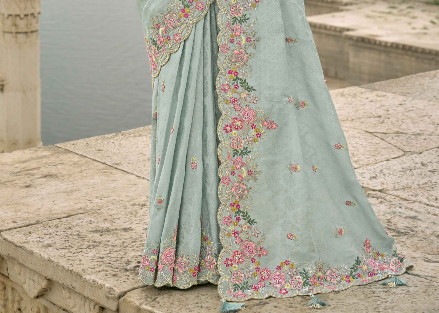 Sky Blue Viscose Saree with Pink Silk Blouse & Embroidered C-Pallu