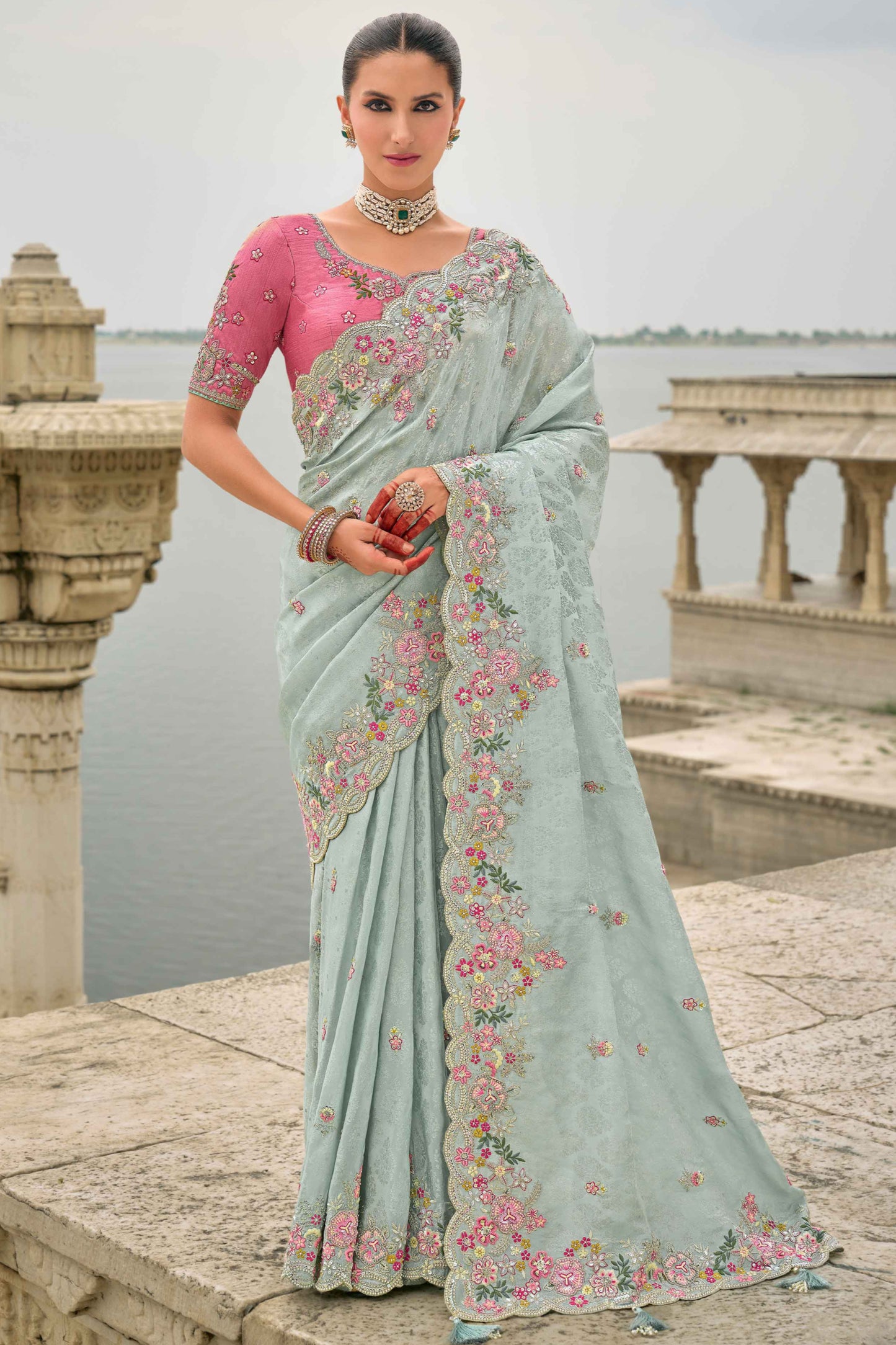 Sky Blue Saree brings breezy freshness – perfect for casual days and summer events.