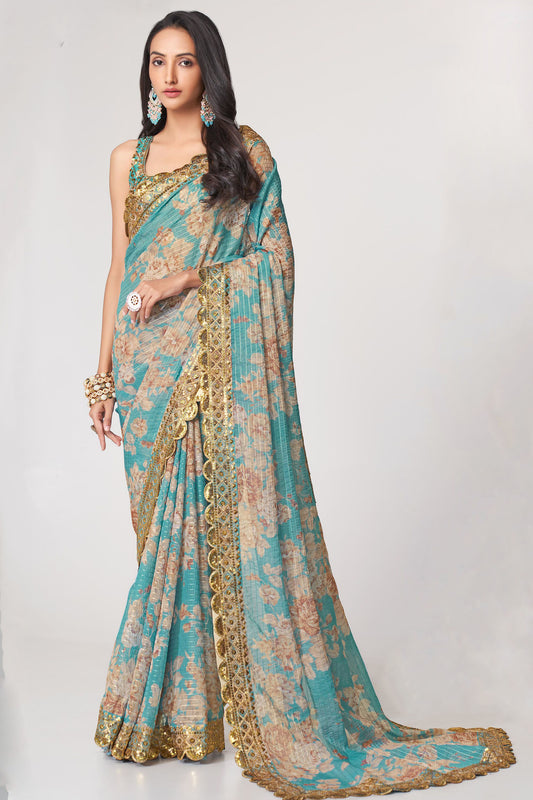 Sky Blue Saree brings breezy freshness – perfect for casual days and summer events.