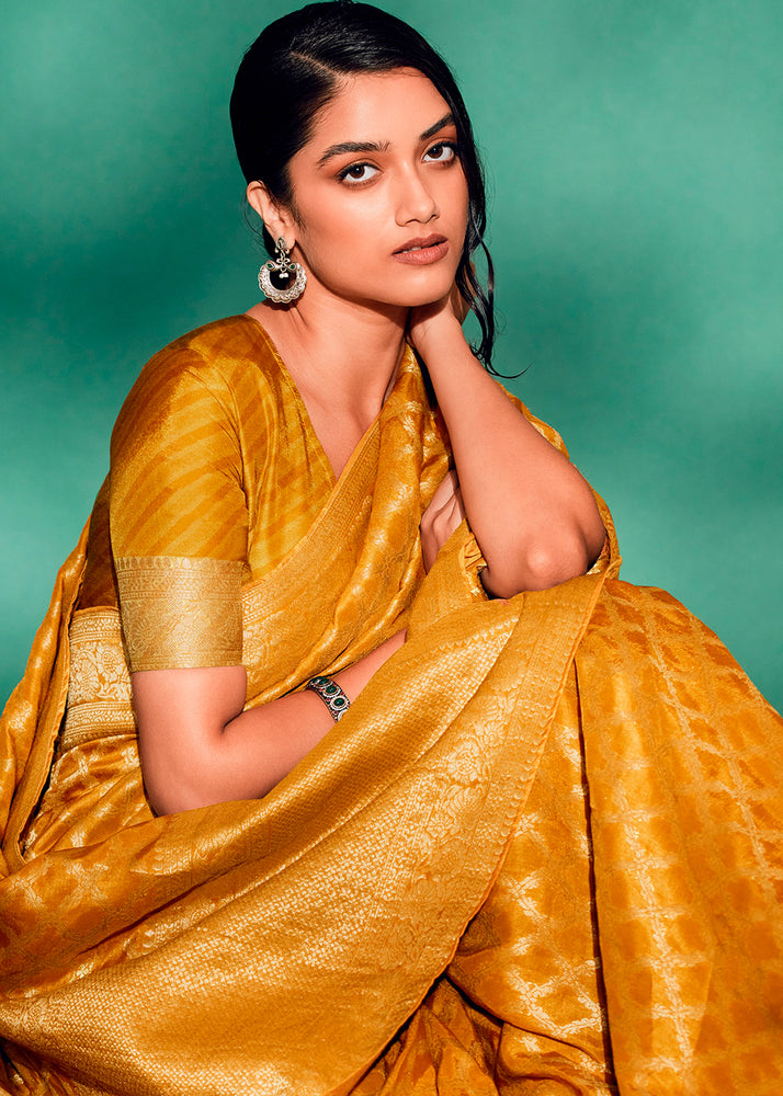 Newest Style Mustard Color Design Silk Mehndi Function Wear Saree