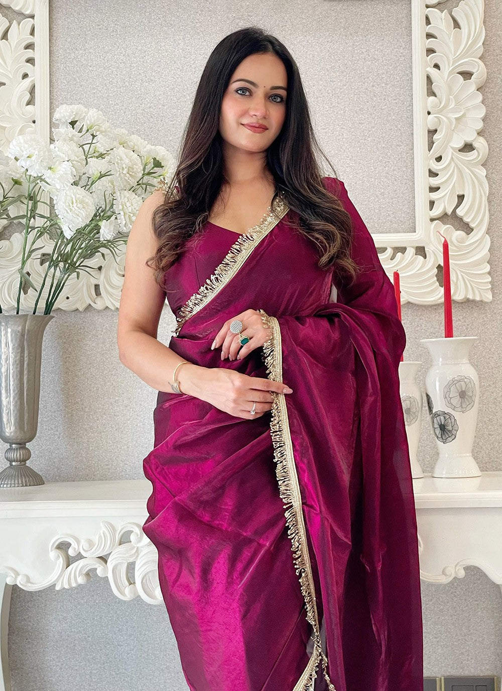 Wine Saree exudes rich sophistication – a bold yet graceful choice for any occasion.