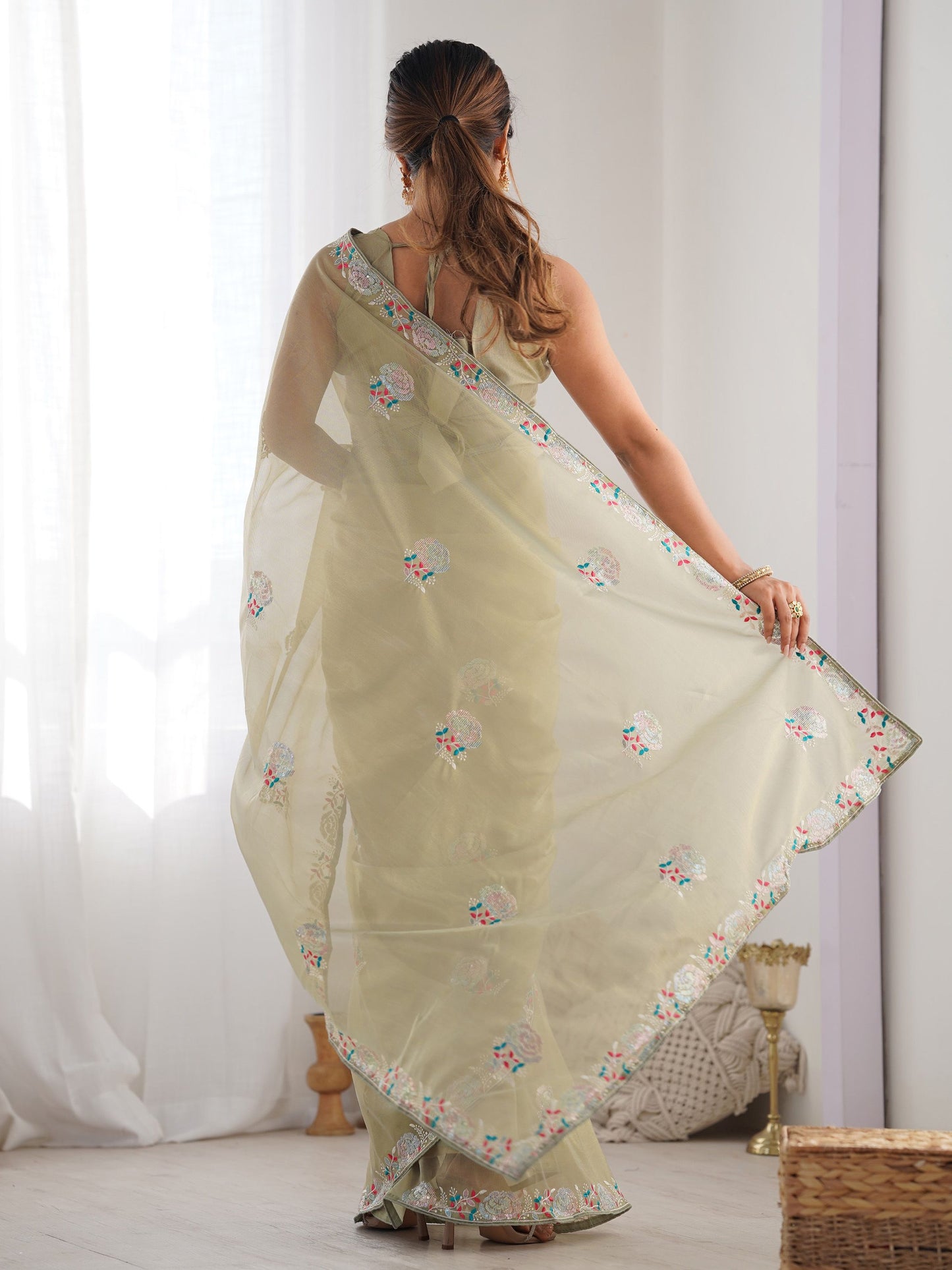 Pistachio Green Saree exudes calm elegance and freshness – ideal for weddings, Eid, or summer gatherings.