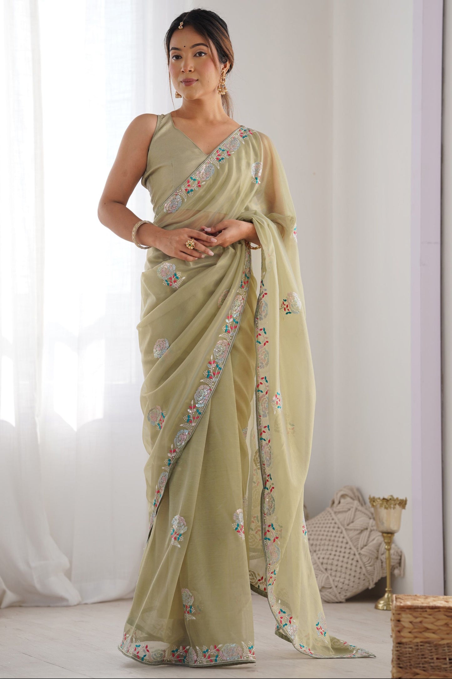 Pistachio Green Saree exudes calm elegance and freshness – ideal for weddings, Eid, or summer gatherings.