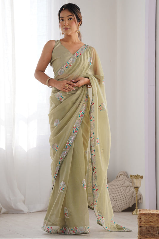 Pistachio Green Saree exudes calm elegance and freshness – ideal for weddings, Eid, or summer gatherings.