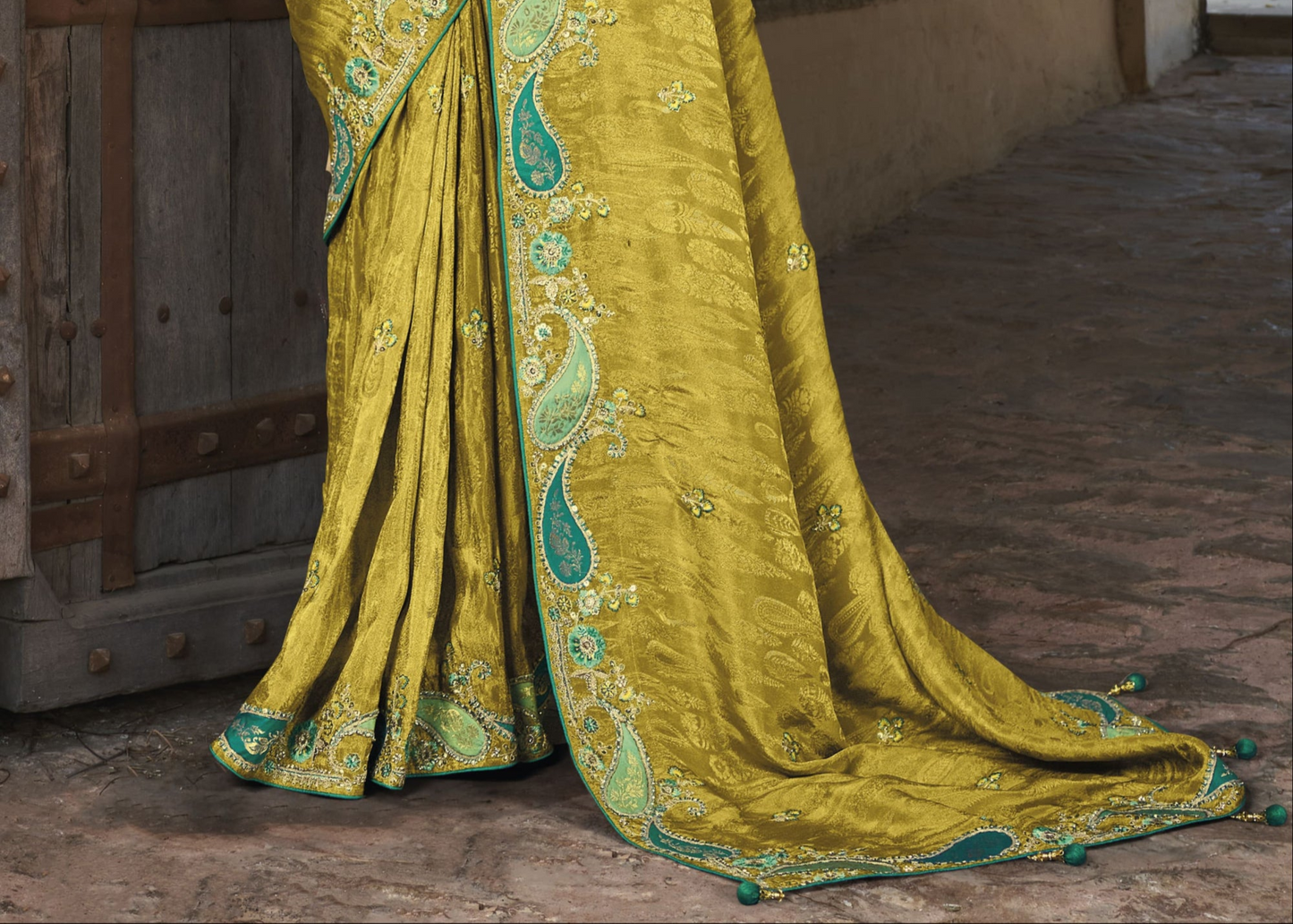 Lemon Designer Traditional Saree with Fabric & Handwork for Engagement
