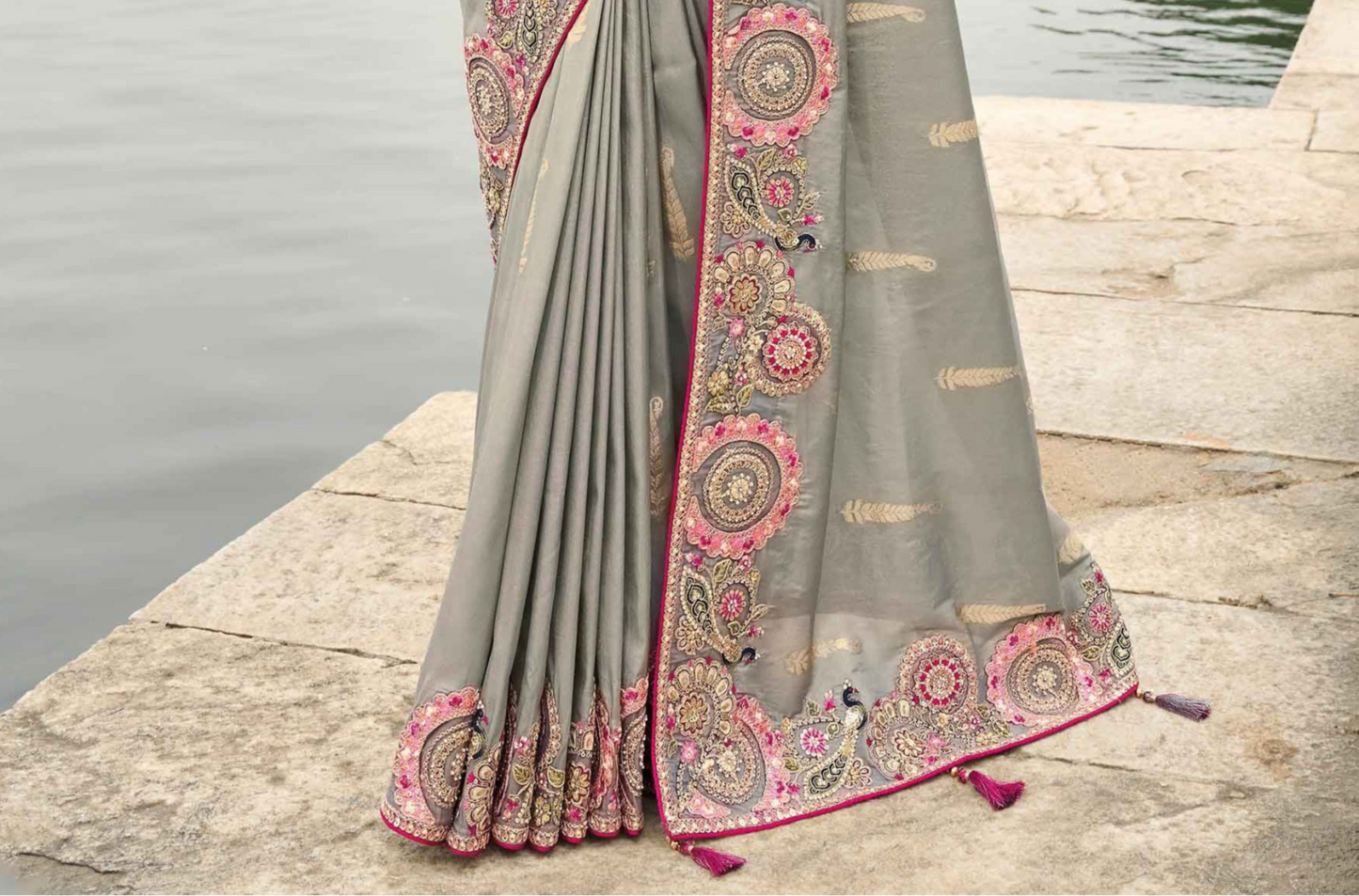 Gray Gadwal Silk Saree with Magenta Blouse & Embroidery for Sangeet