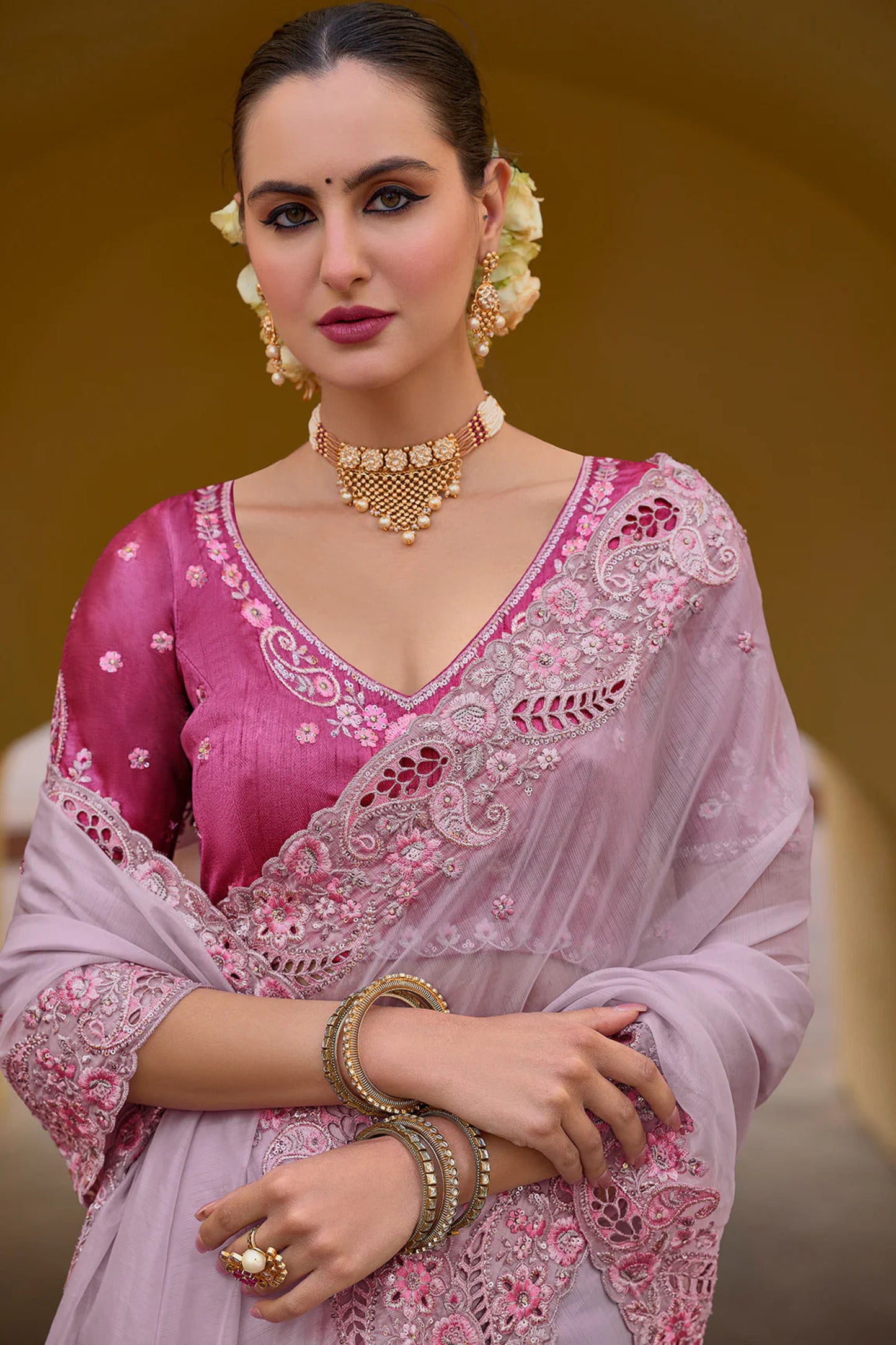 Pink Saree reflects softness and charm – perfect for graceful day functions.