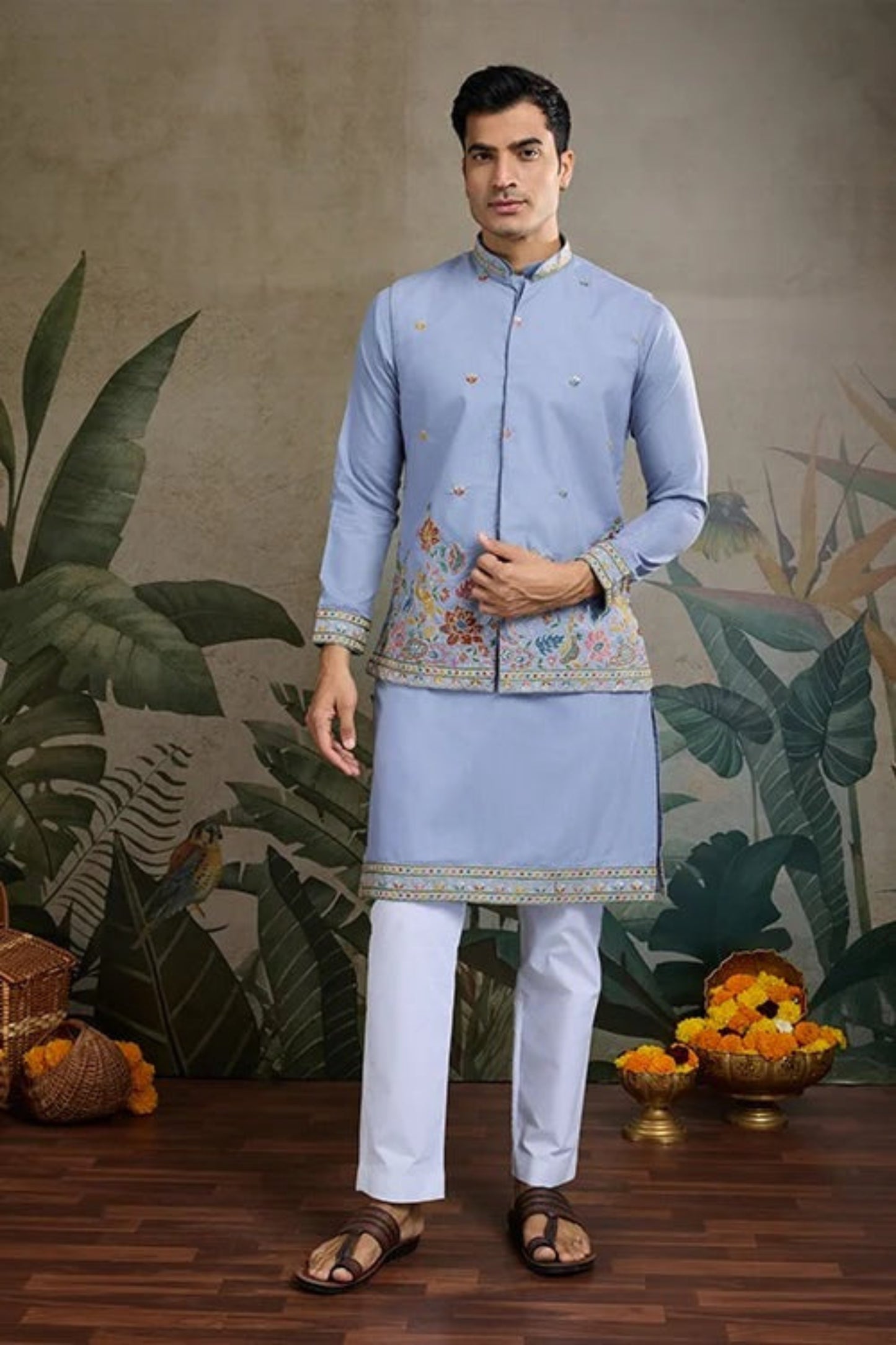 Elegant Sky Blue Color Viscose Silk Kurta Set For Men Real Mirror Work With Matching Pant