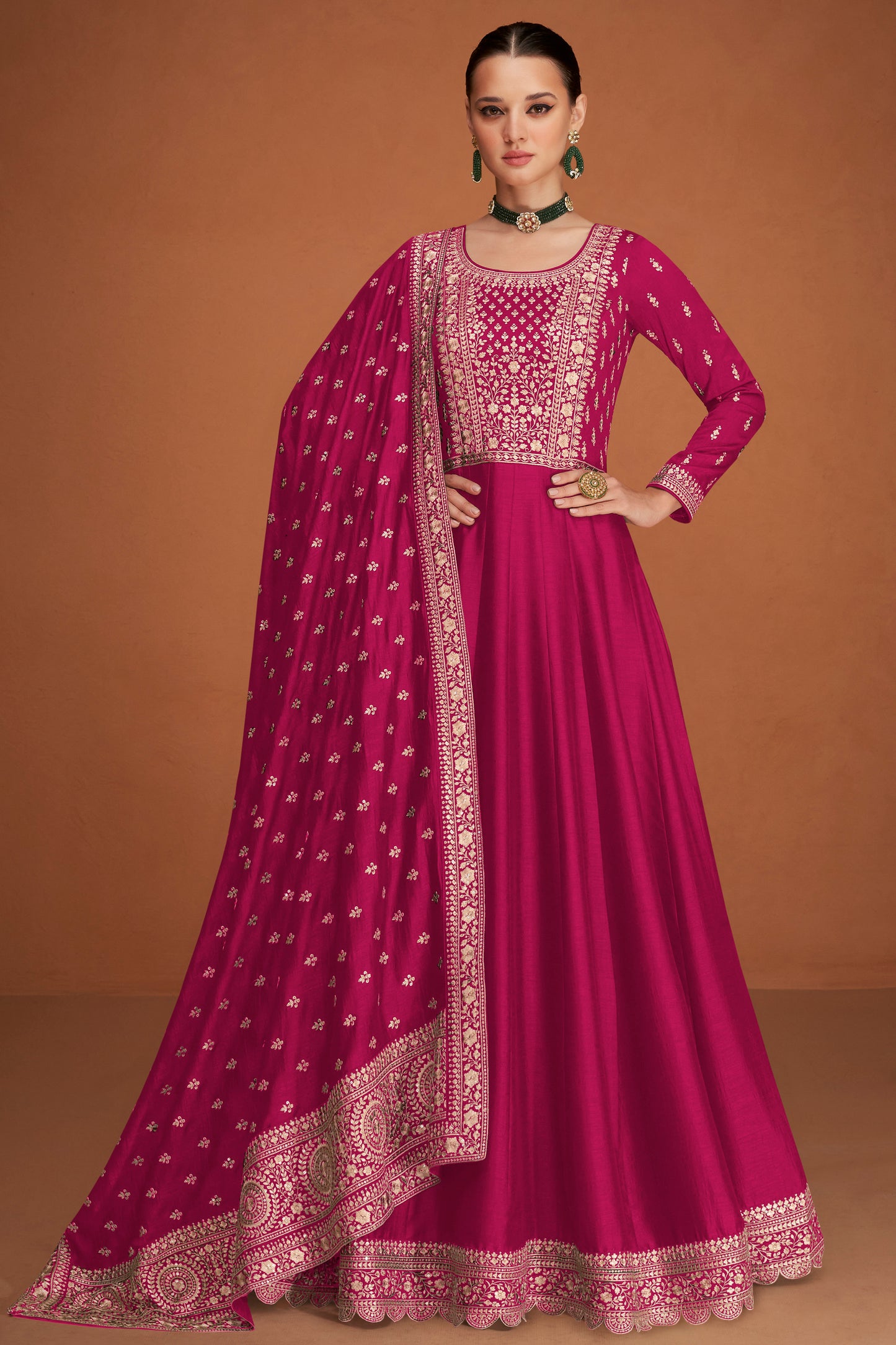 Pink Color Reception Party Ready to Wear Long Anarkali Dupatta Gown
