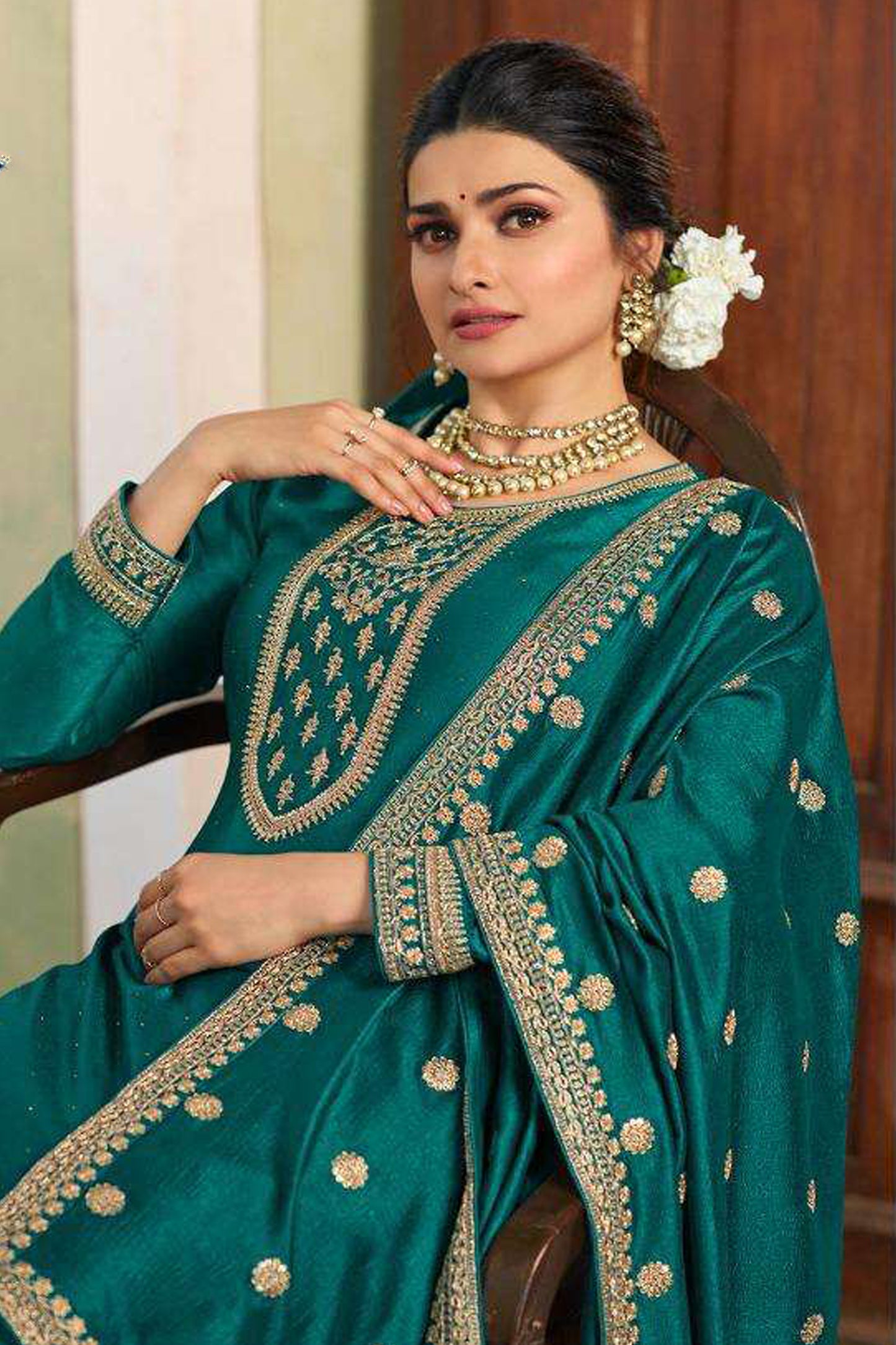 New Teal Color Embroidery Work Palazzo For Indian Party-Reception