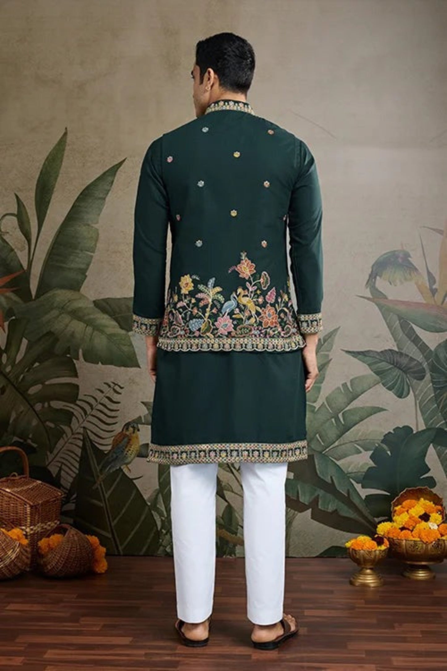 Green Color Viscose Silk Kurta Set For Men Real Mirror Work With Matching Pant