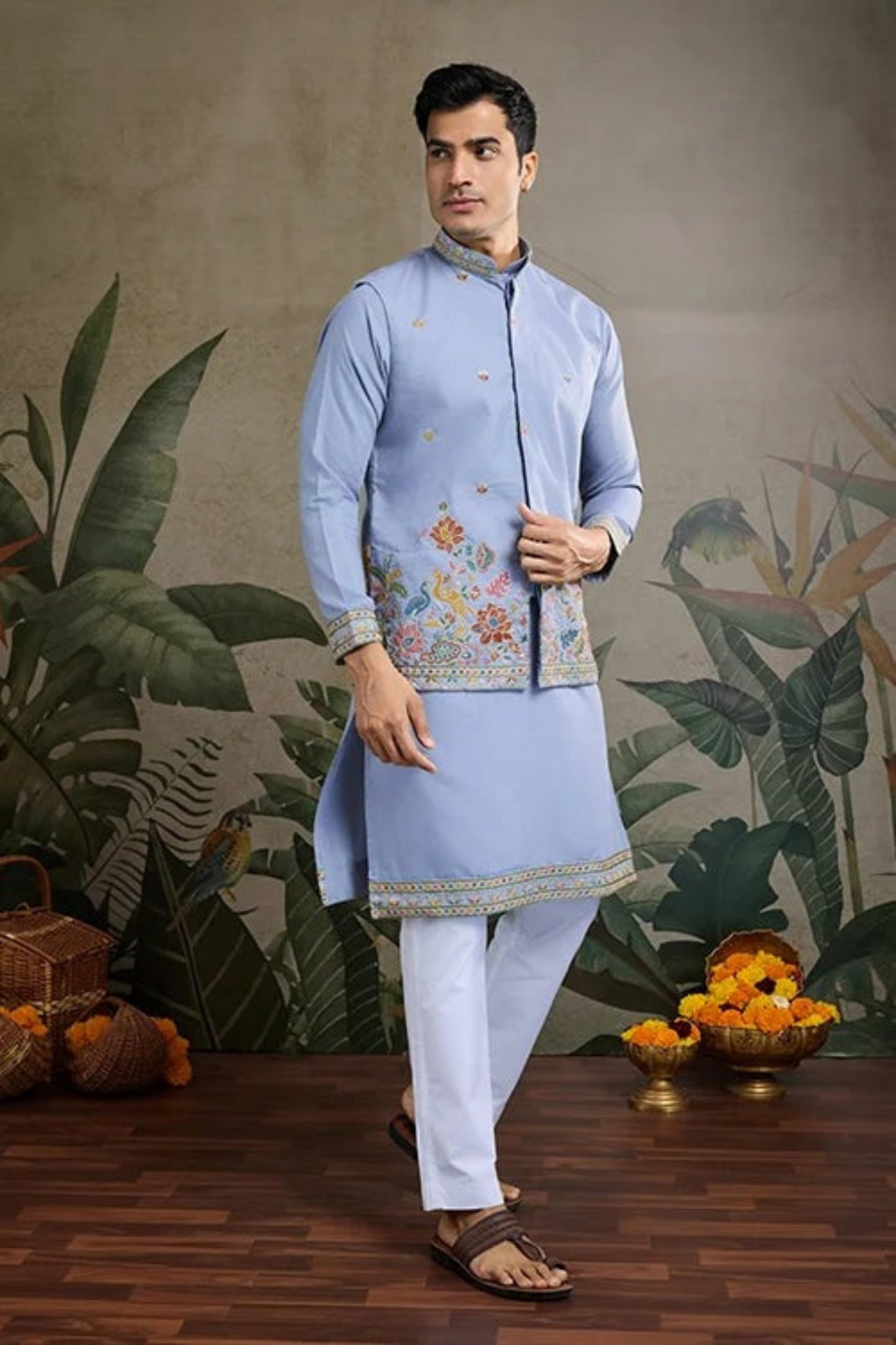 Elegant Sky Blue Color Viscose Silk Kurta Set For Men Real Mirror Work With Matching Pant
