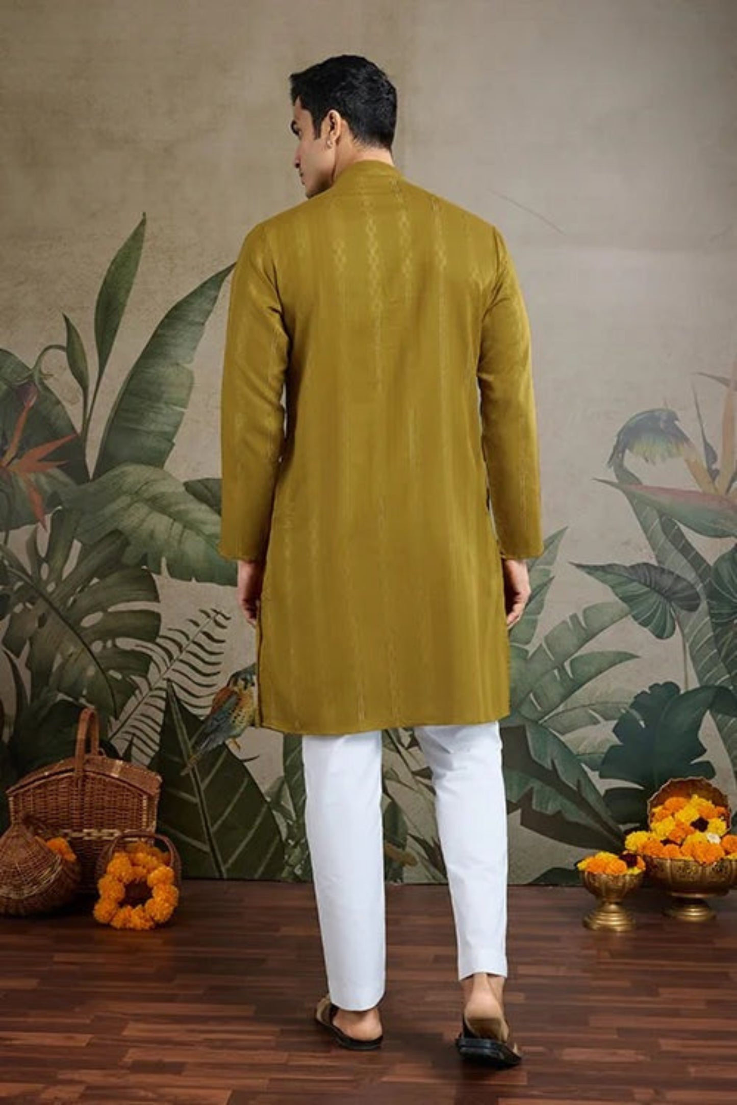 Premium Olive Gold Color Viscose Rayon Kurta Set For Man Real Mirror Work With Matching Pant
