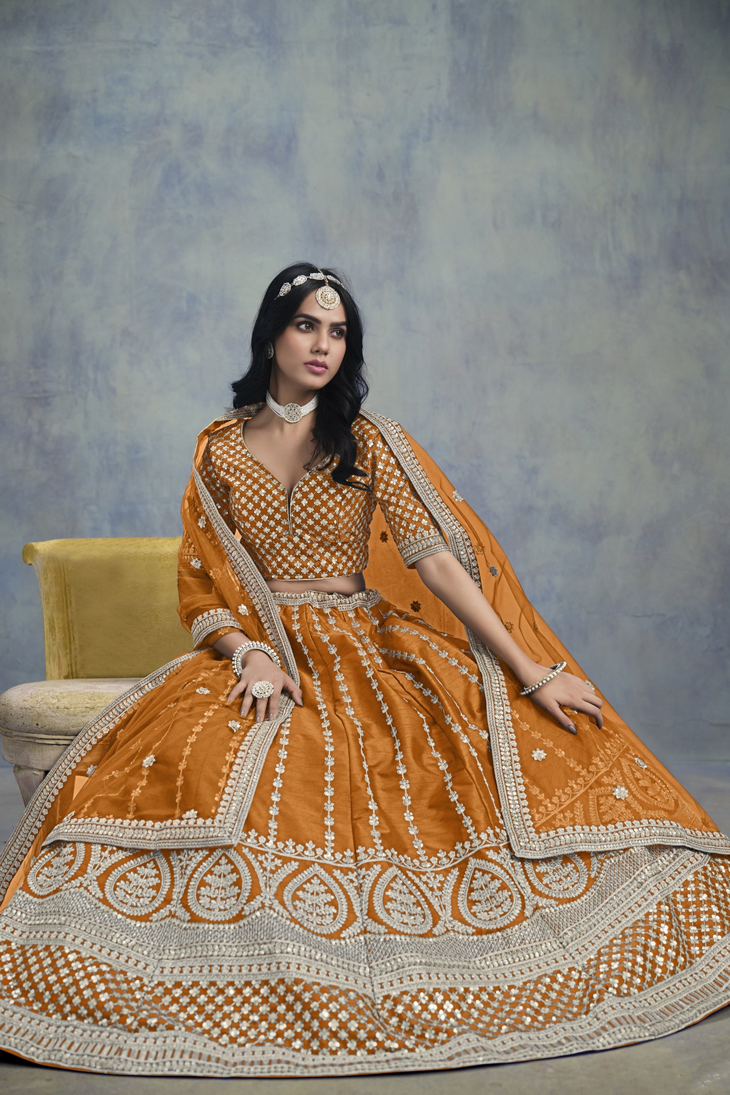 Premium Mustard Designer Art Silk Net Fabric Embroidered Lehenga Choli