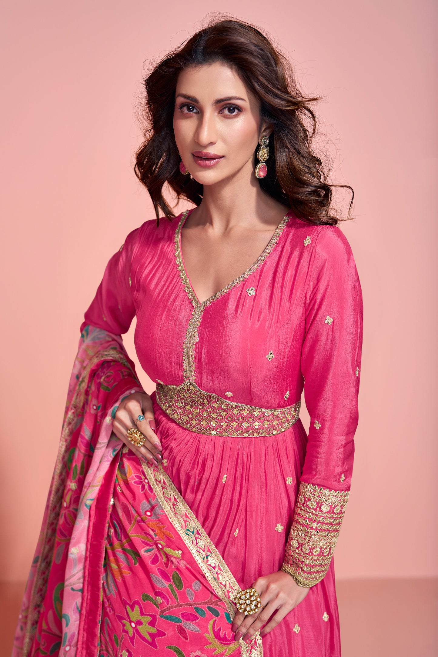 Beautiful Pink Chinon Silk Anarkali Gown with Dupatta for Events