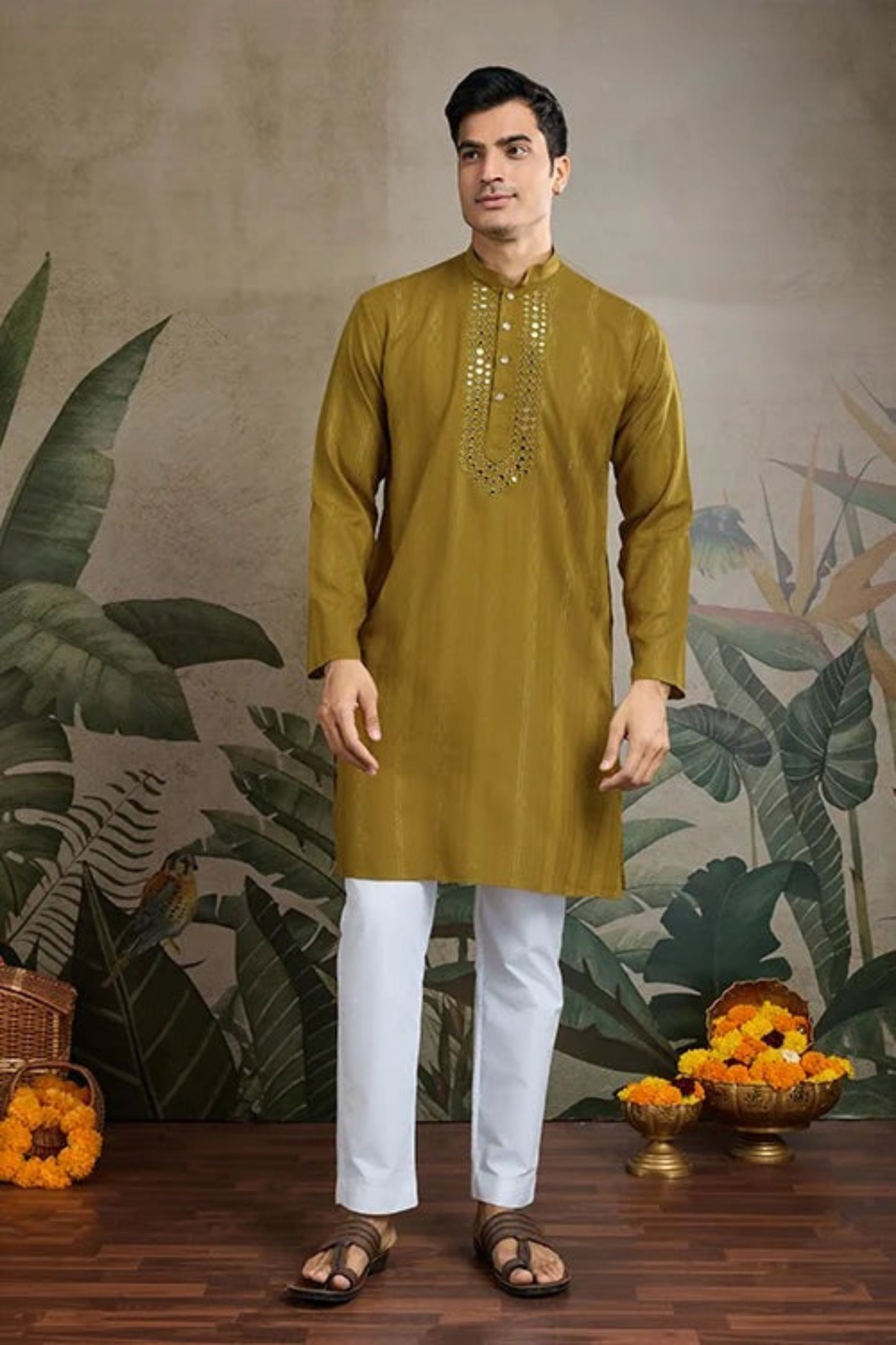 Premium Olive Gold Color Viscose Rayon Kurta Set For Man Real Mirror Work With Matching Pant