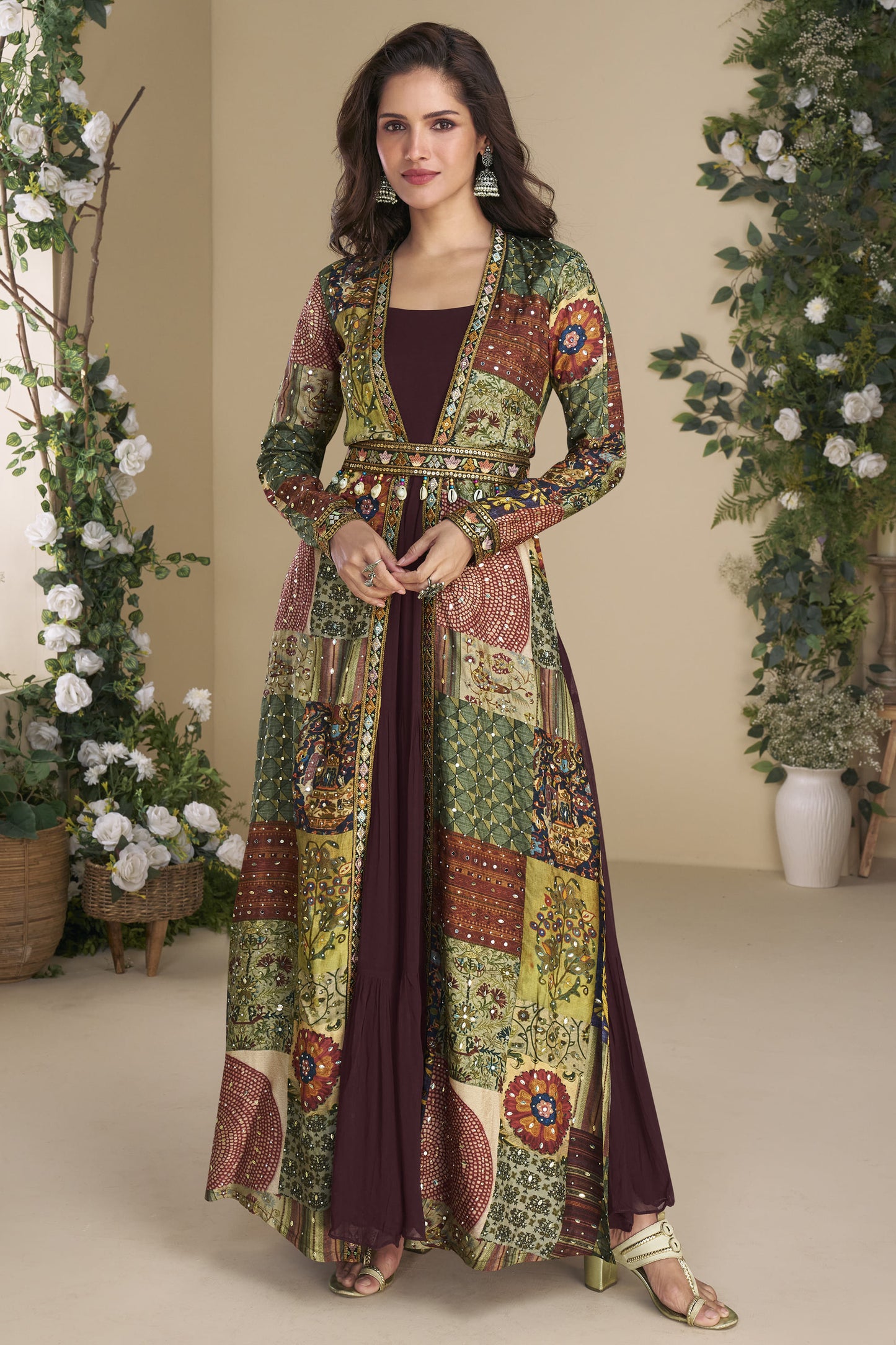 Dark Brown Color Wedding Special Anarkali Indo-western Dress