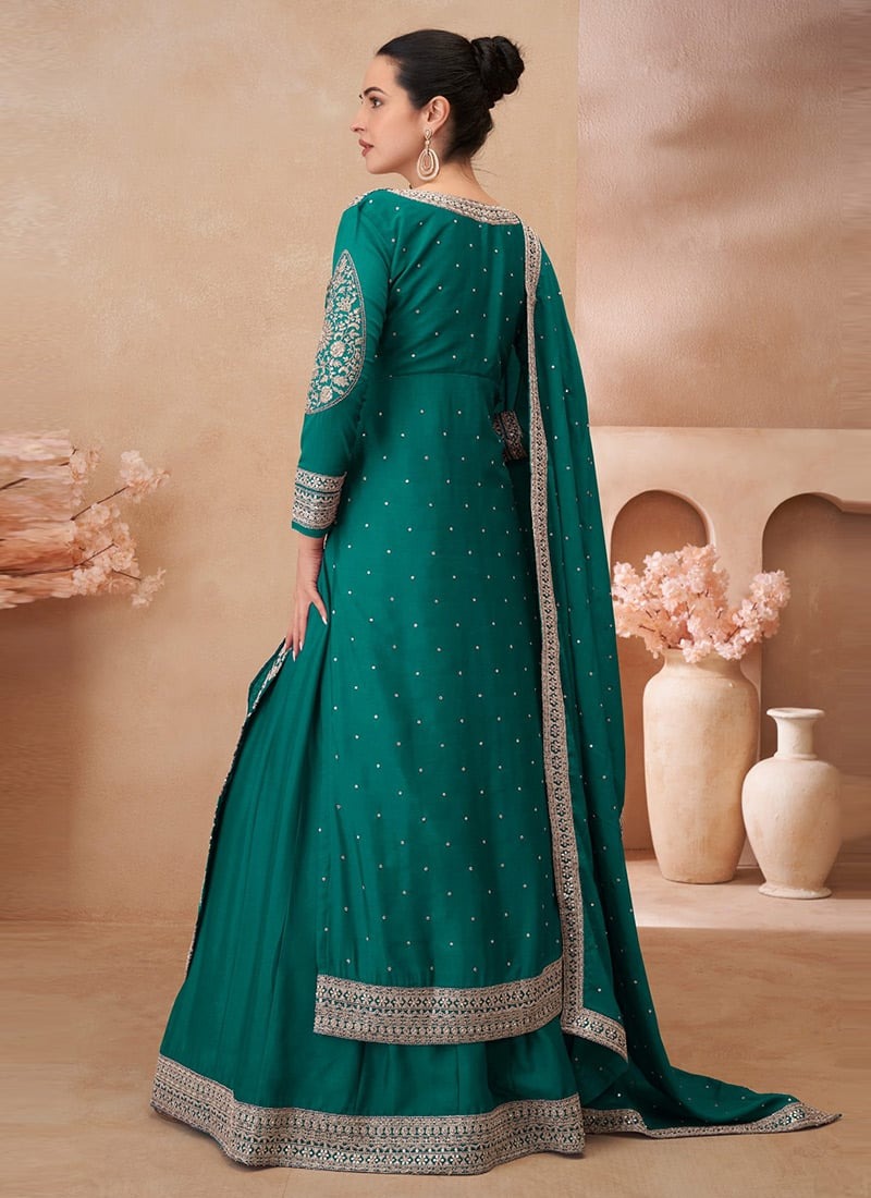 Women's Reception Green Stitched Chinon Silk Shrug Lehenga with Dupatta Suit