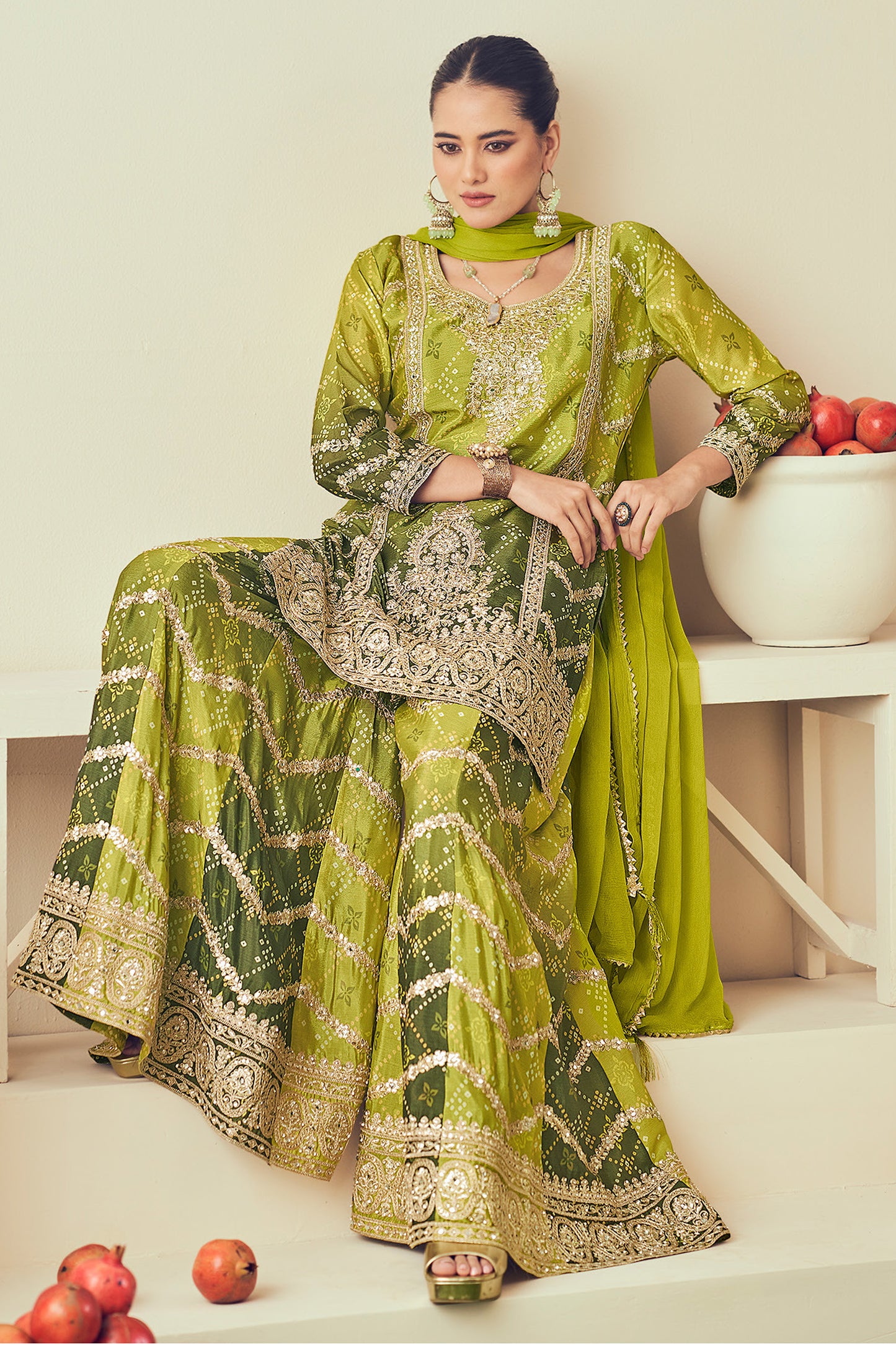 Indian Wedding-Reception Special Reay To Wear Green Color Plazzo Dress Live In USA