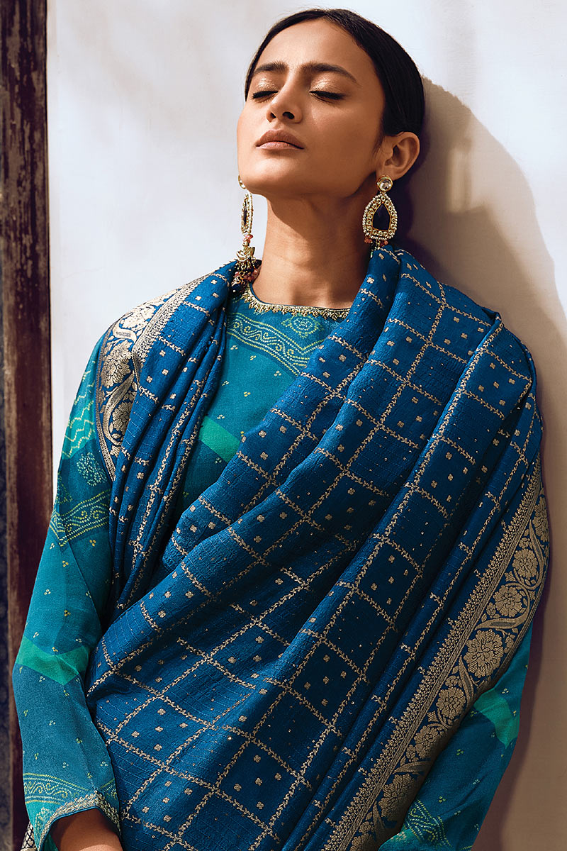 Viscose Silk Designer Bandhani Printed Saree With Teal Blouse For Wedding Event Wear