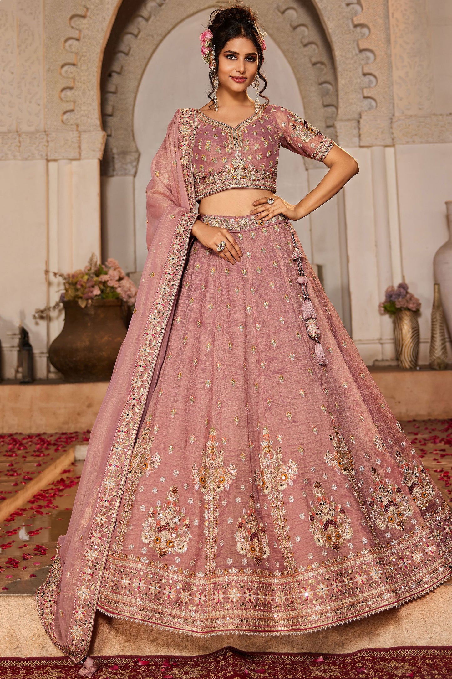 Wedding & Reception Party Wear Pink Color Embroidery Work Flared Style Lehenga Choli