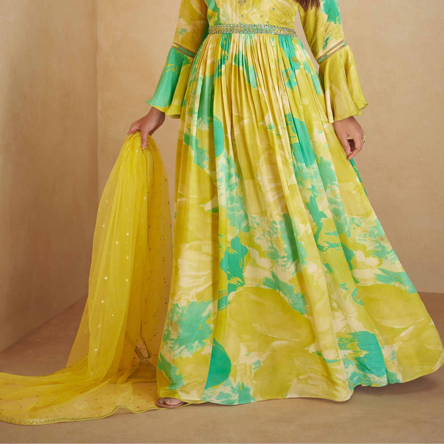 Yellow Chinon Silk Short Flower Printed Anarkali Dupatta Gown