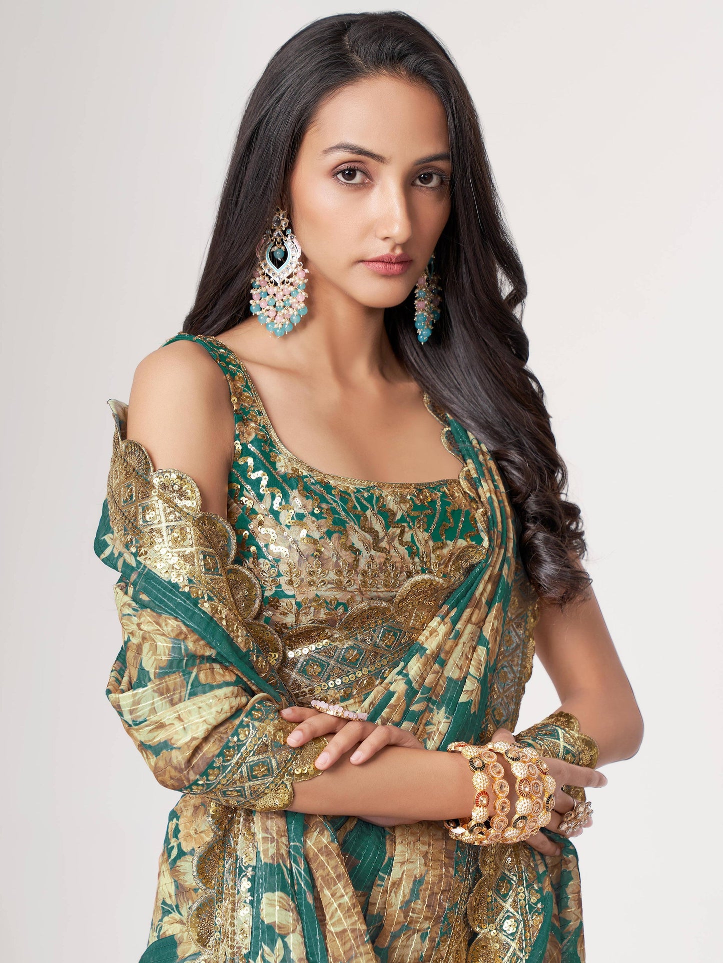 Trendy Designer Teal Blue Color Organza Fabric Floral Printed Saree For Special Festival Wear