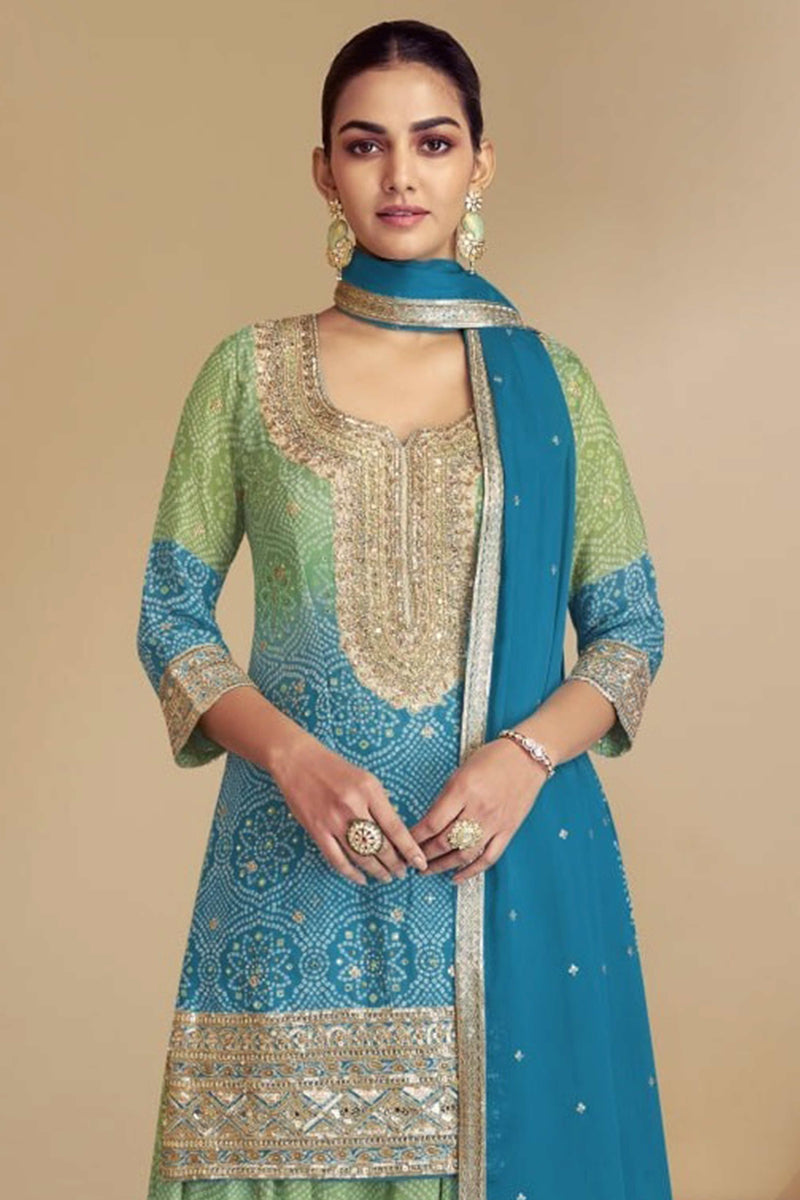 Sky Blue Designer Real Chinon Fabric Salwar Kameez Plazzo Suit For Festival Special