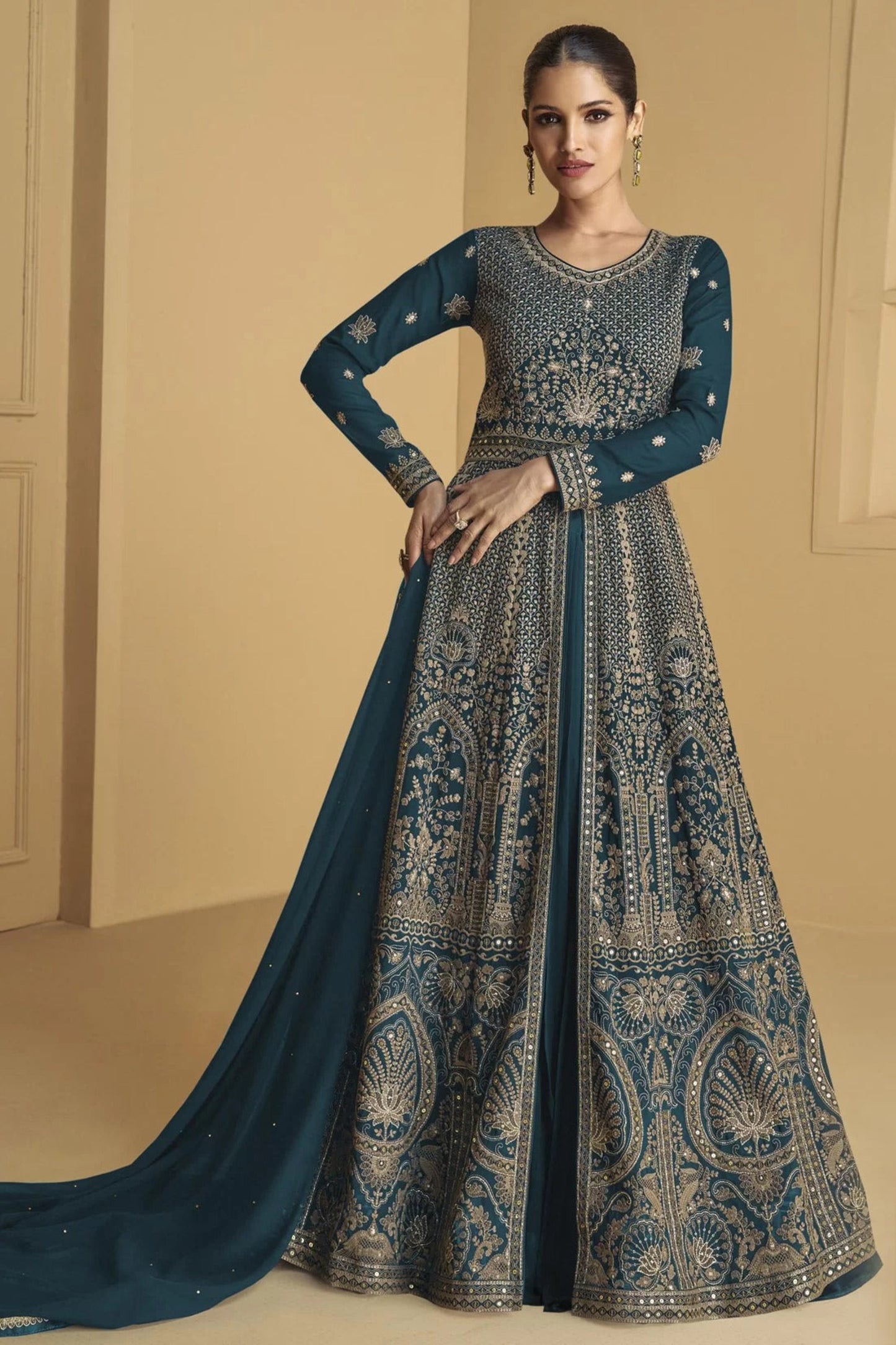 Premium Teal Color Anarkali Gown Suit With Dupatta For Special Occasions And Wedding
