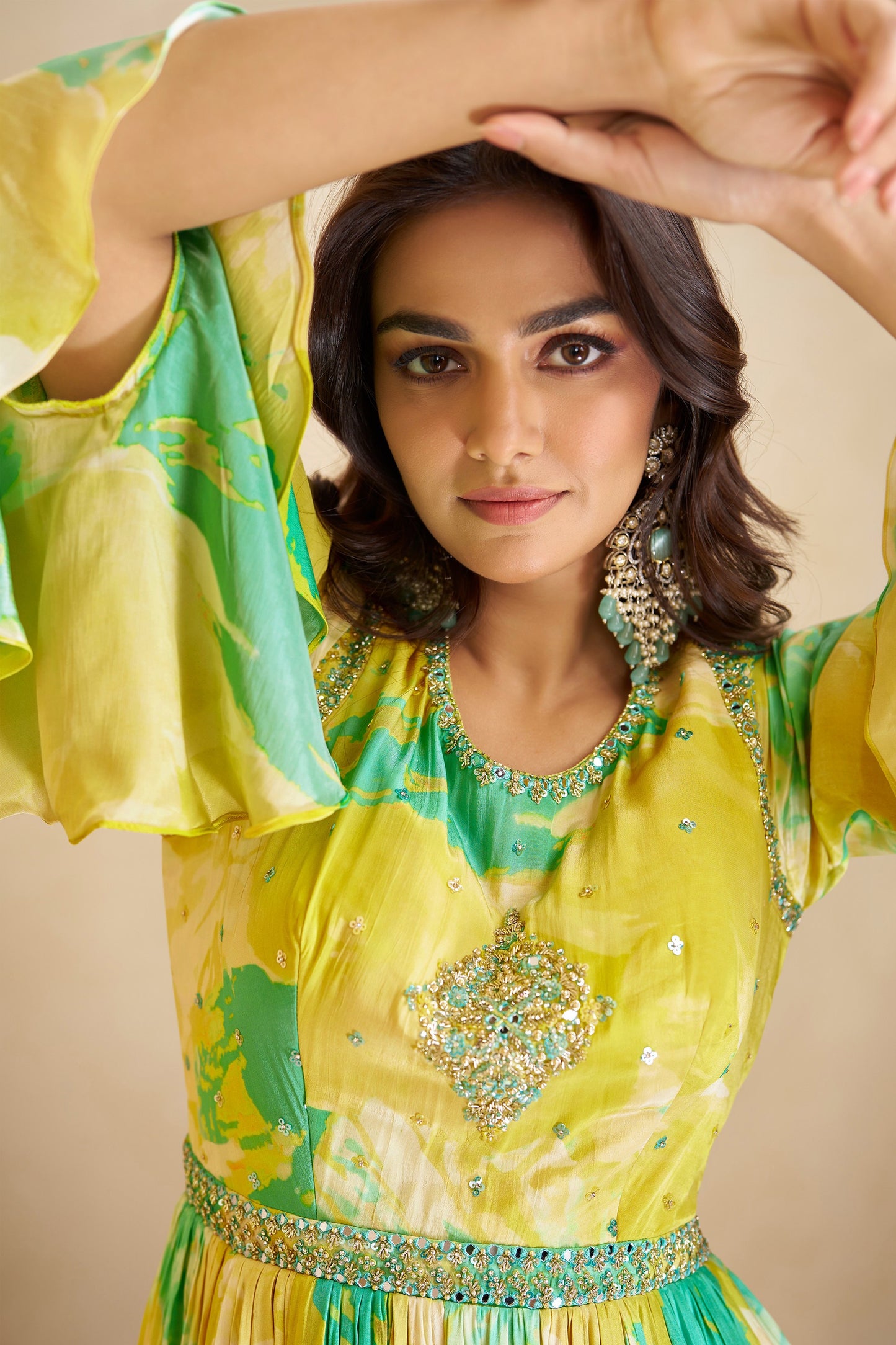 Yellow Chinon Silk Short Flower Printed Anarkali Dupatta Gown