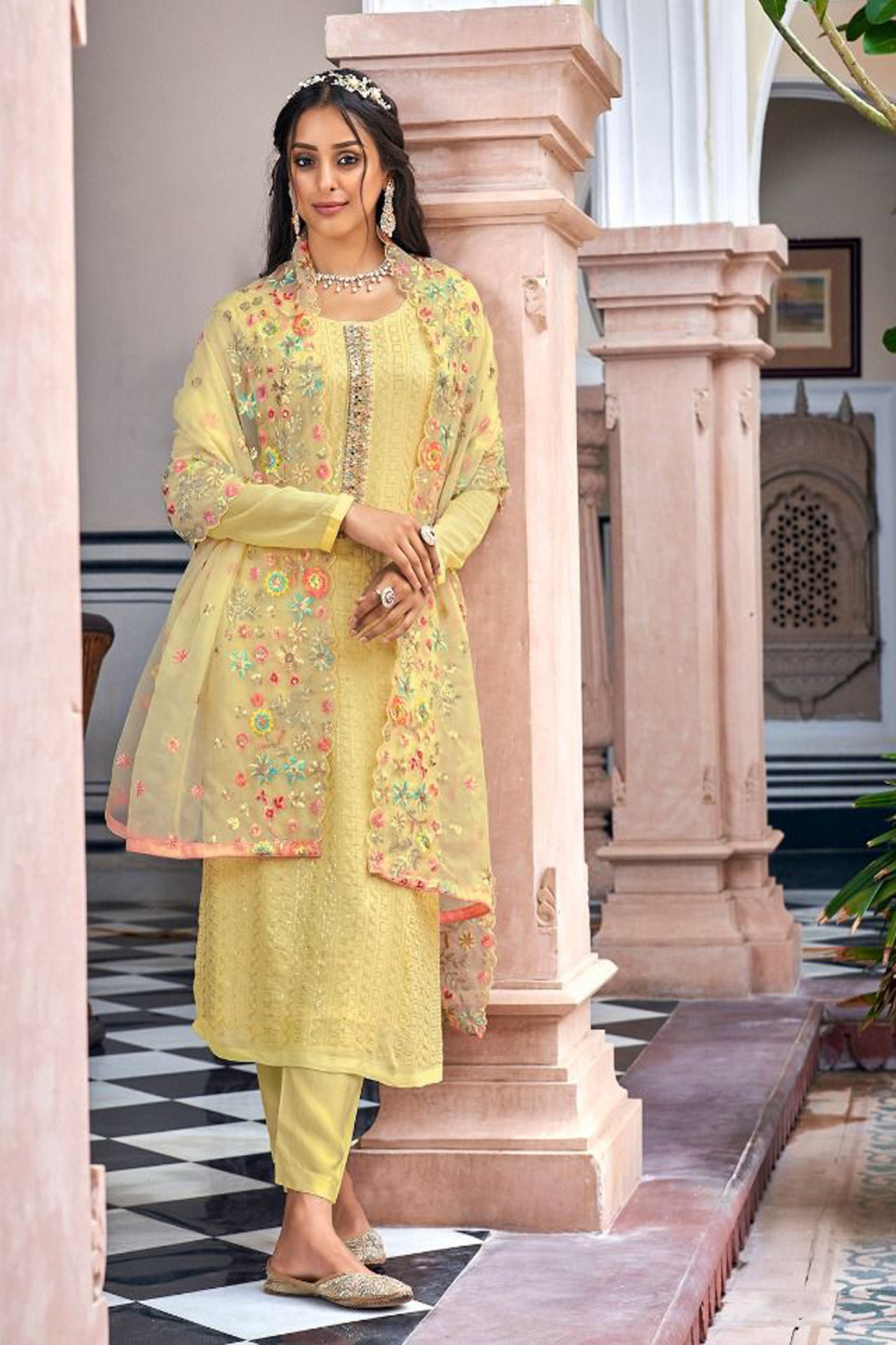 Amazing Yellow Color Ready To Wear Salwar Suit With Organza Dupatta For Mahendi, Haldi Reception And Wedding