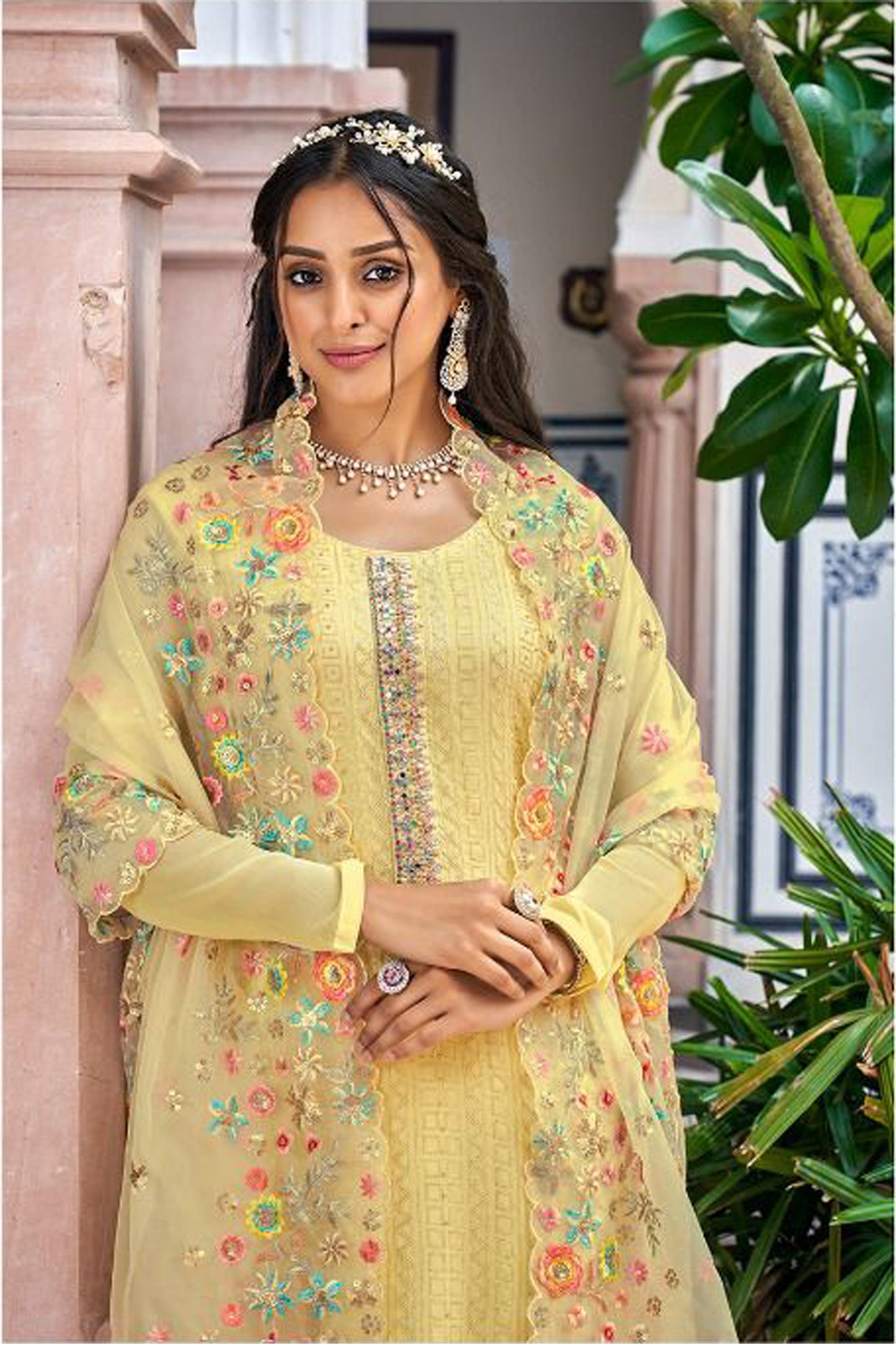 Amazing Yellow Color Ready To Wear Salwar Suit With Organza Dupatta For Mahendi, Haldi Reception And Wedding