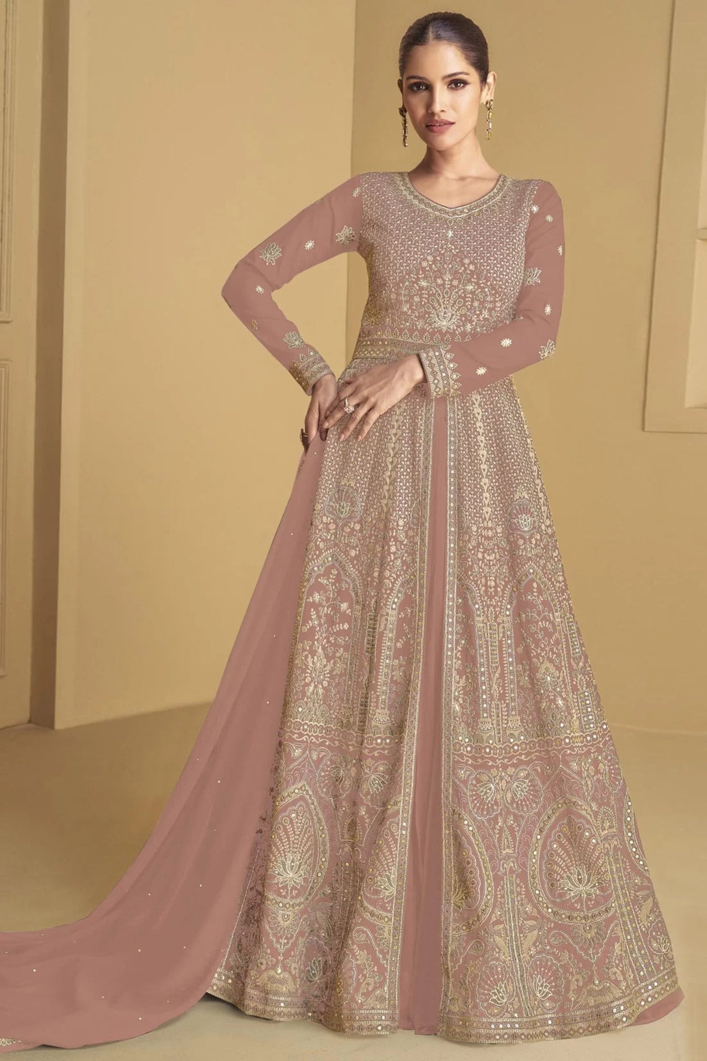 Latest Peach Anarkali Gown with Embroidery for Religious Ceremonies
