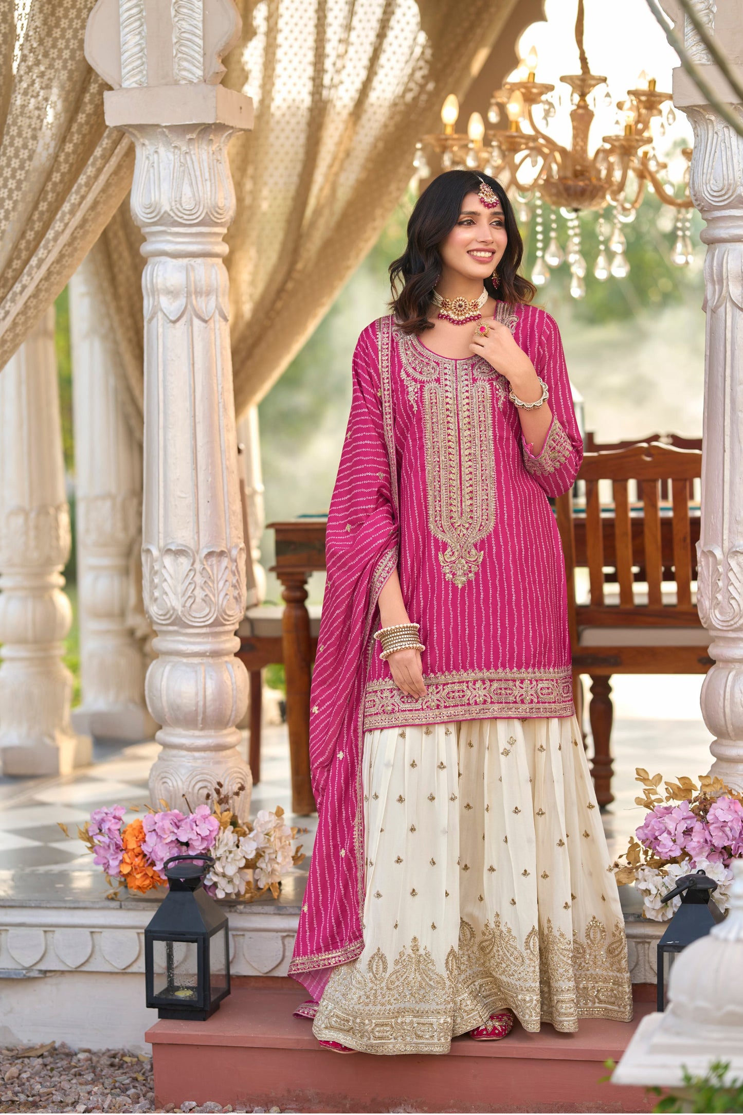 Indian Pink Designer Digital Printed With Embroidery Work Sharara Suit