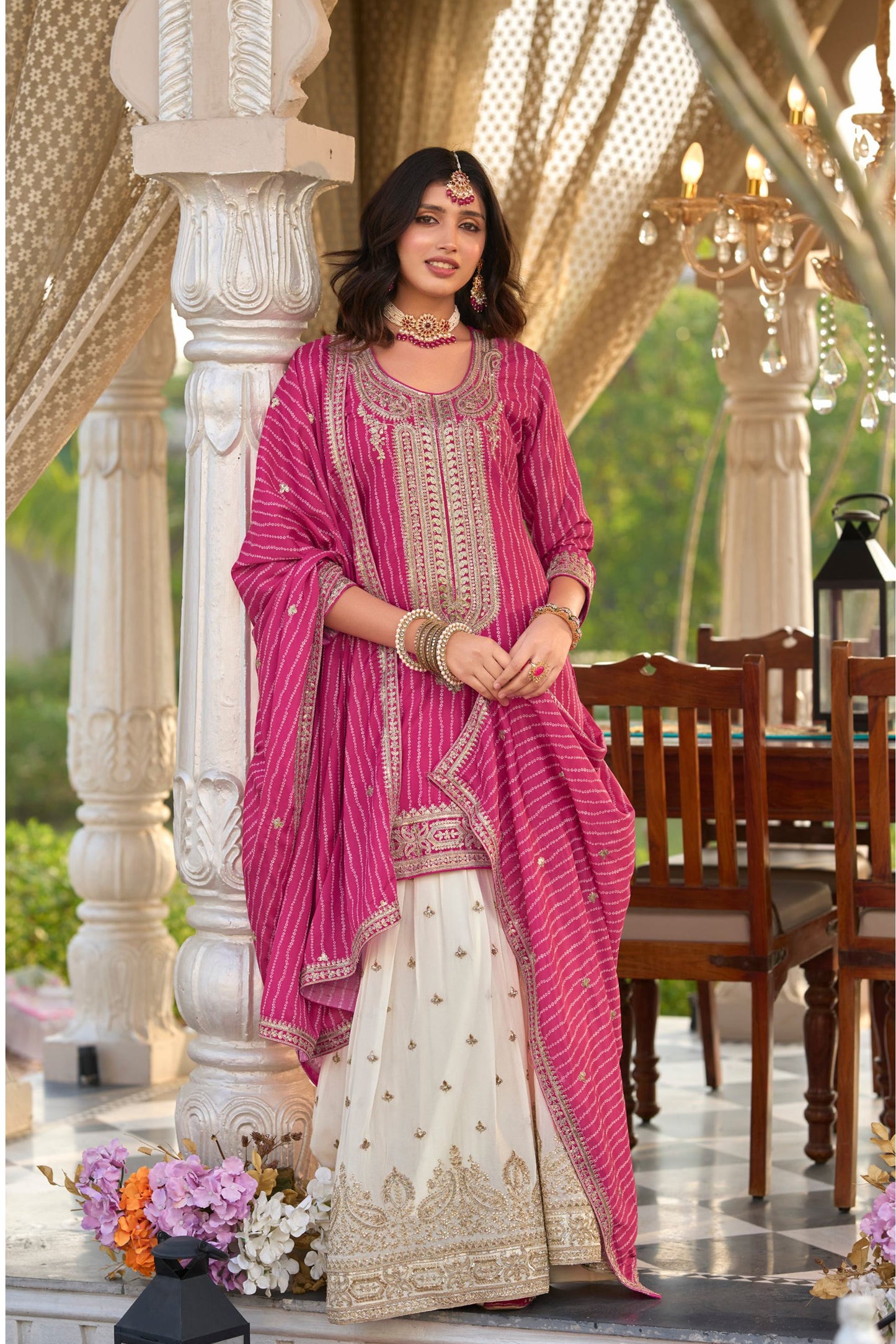 Indian Pink Designer Digital Printed With Embroidery Work Sharara Suit