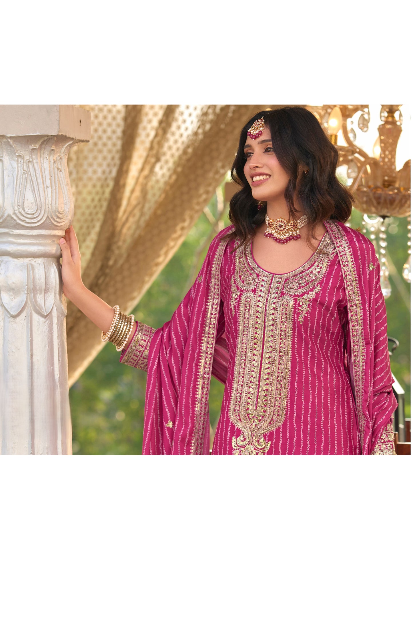 Indian Pink Designer Digital Printed With Embroidery Work Sharara Suit