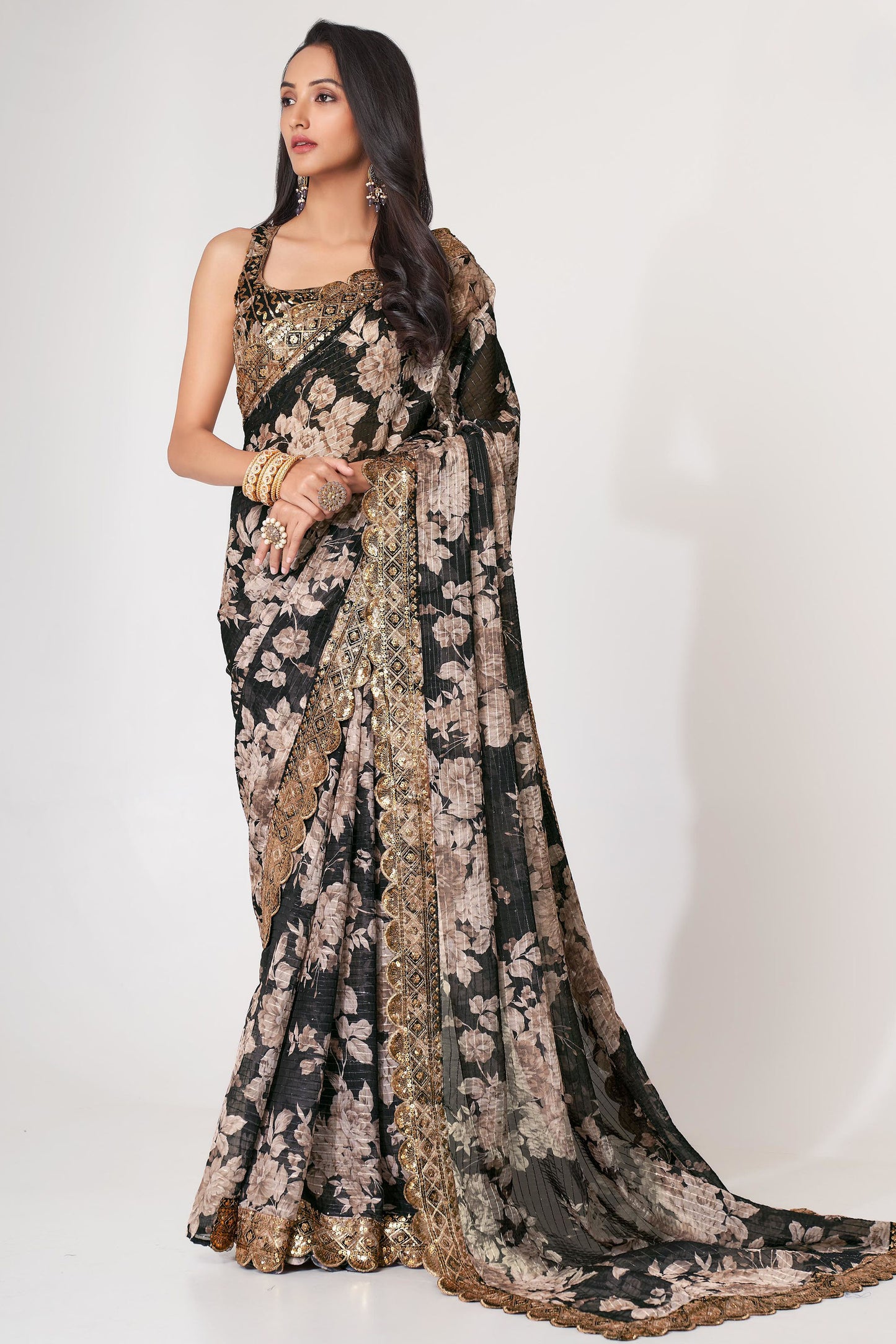 Trendy Organza Fabric Designer Digital Printed Sequins Work For Festival Wear Saree