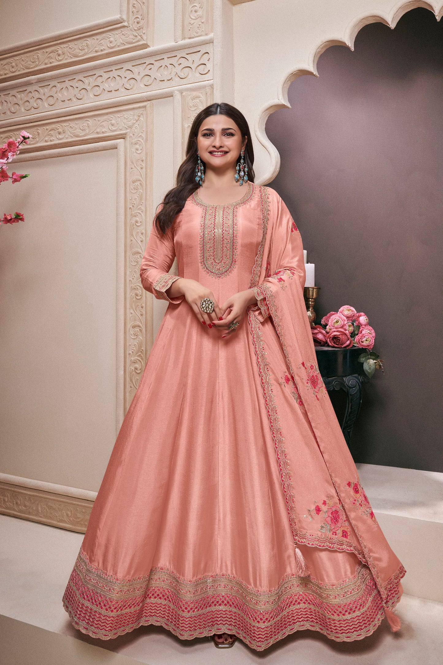Elegant Peach Georgette Anarkali Gown Suit for Wedding Special