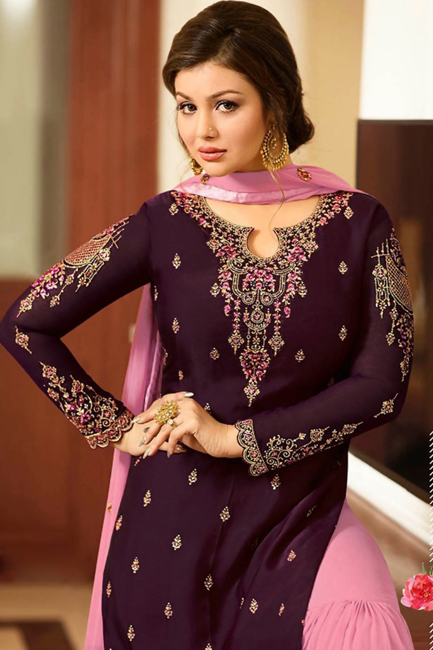Embroidery Work Wine Georgette Sharara Suit For Wedding & Festival