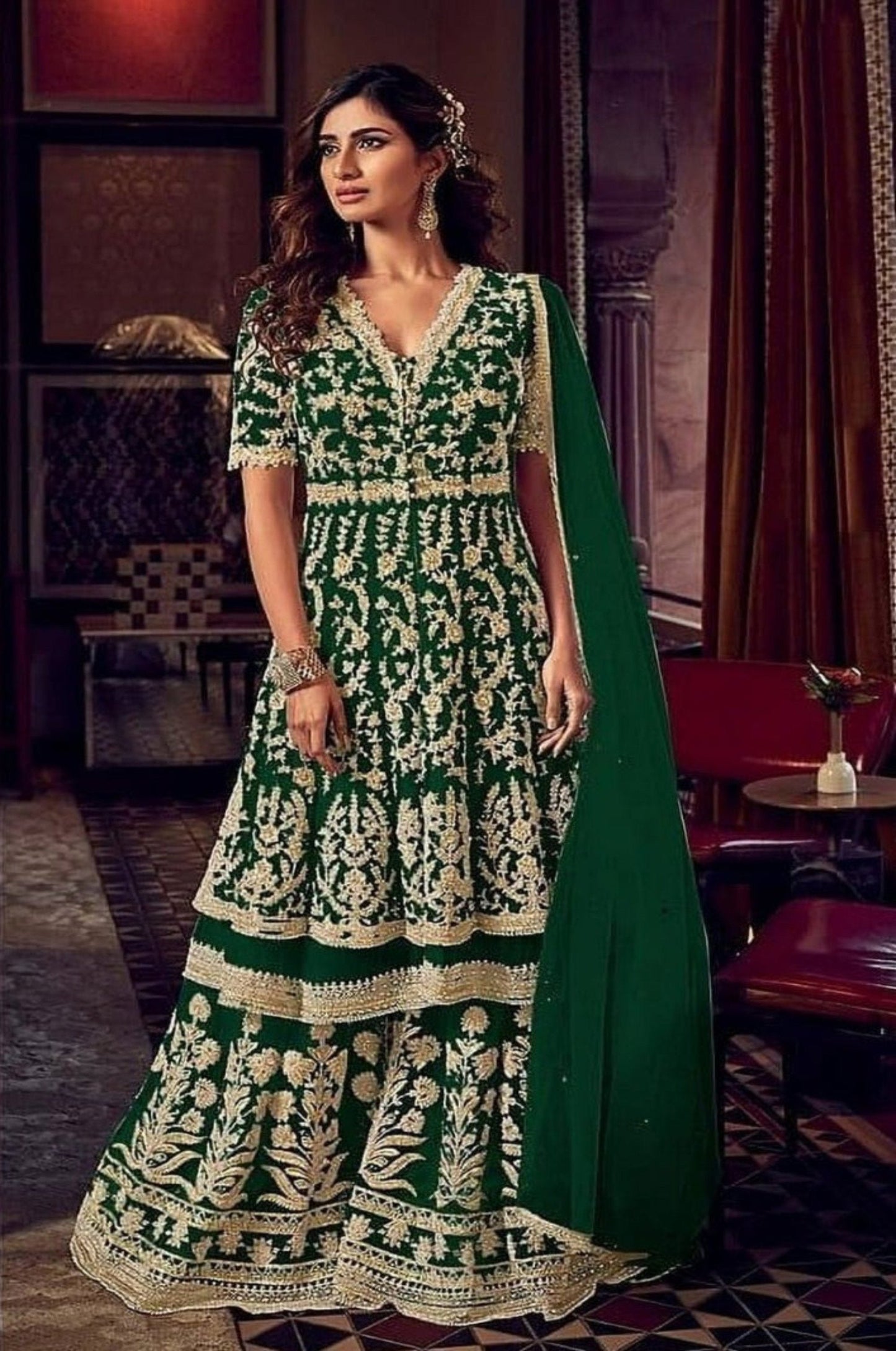 Green Heavy Embroidery Net Butterfly Work Plazzo Dress